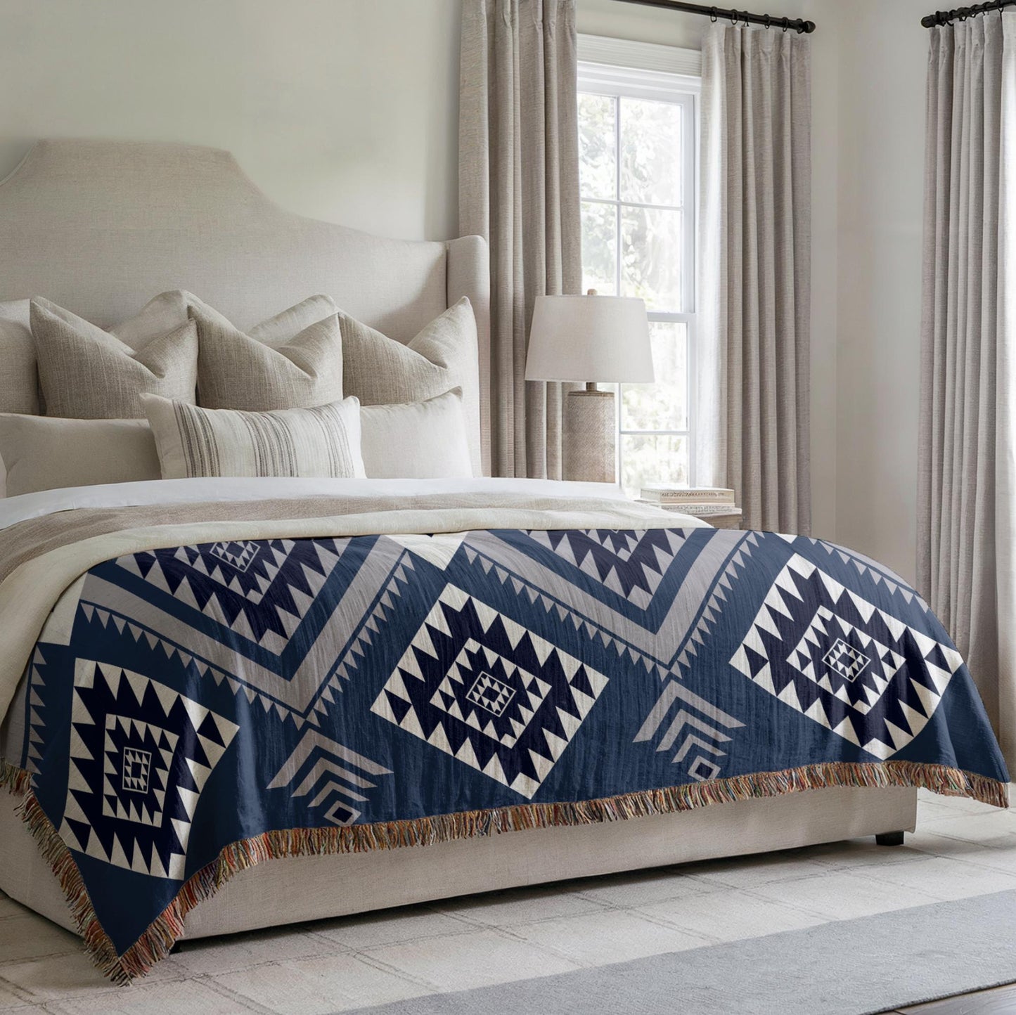 Woven Aztec Blanket - Soft Cotton Throw With Tribal Geometric Design & Colorful Fringe