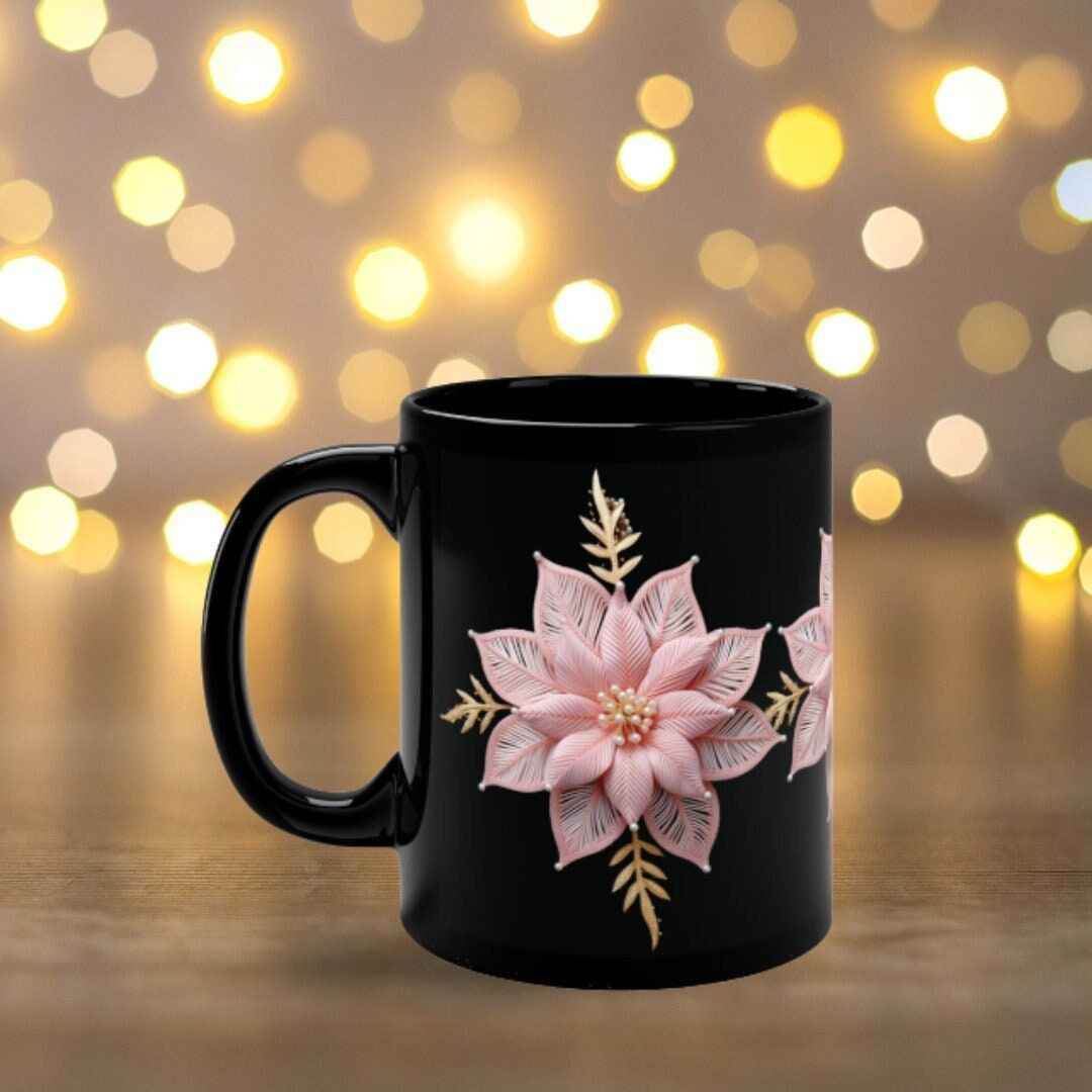 Holiday Ceramic Mug – Pink Poinsettia Glossy Finish Cup | Microwave Safe Gift - timelessbohochic.com