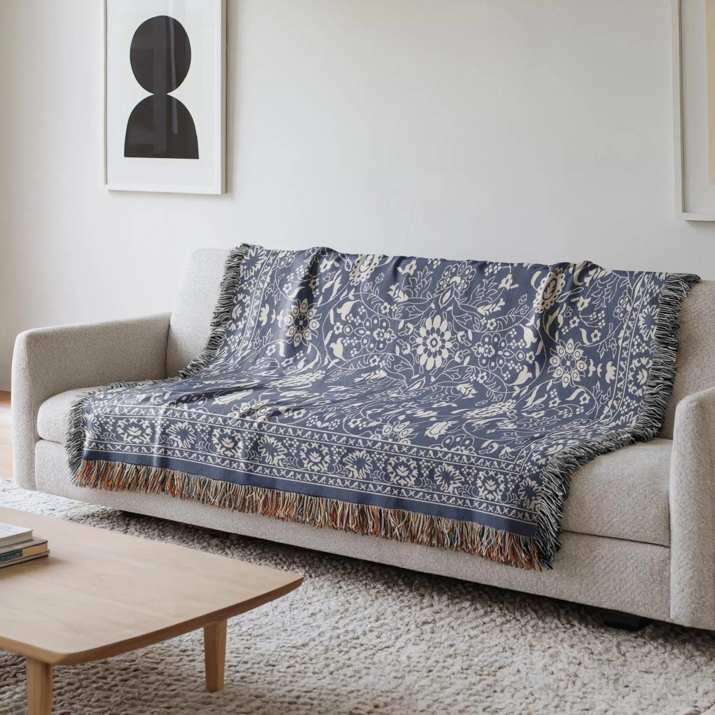 Persian Rug Throw - Boho Style Dark Blue Blanket | Handmade Woven Cotton Throw