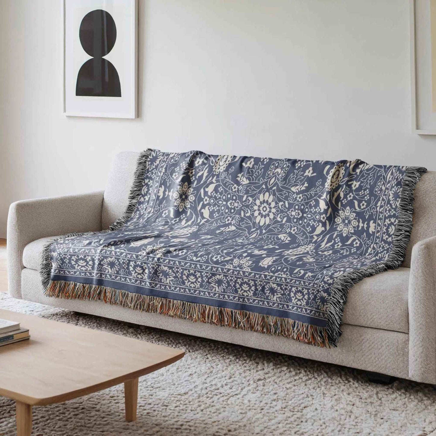 Persian Rug Throw - Boho Style Dark Blue Blanket | Handmade Woven Cotton Throw - timelessbohochic.com