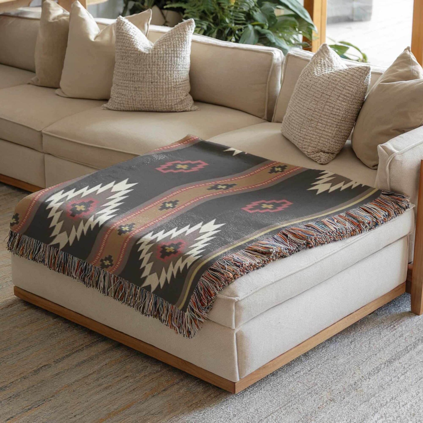 Native American Blanket – Southwestern Throw With Ikat Pattern & Fringed Edge - timelessbohochic.com