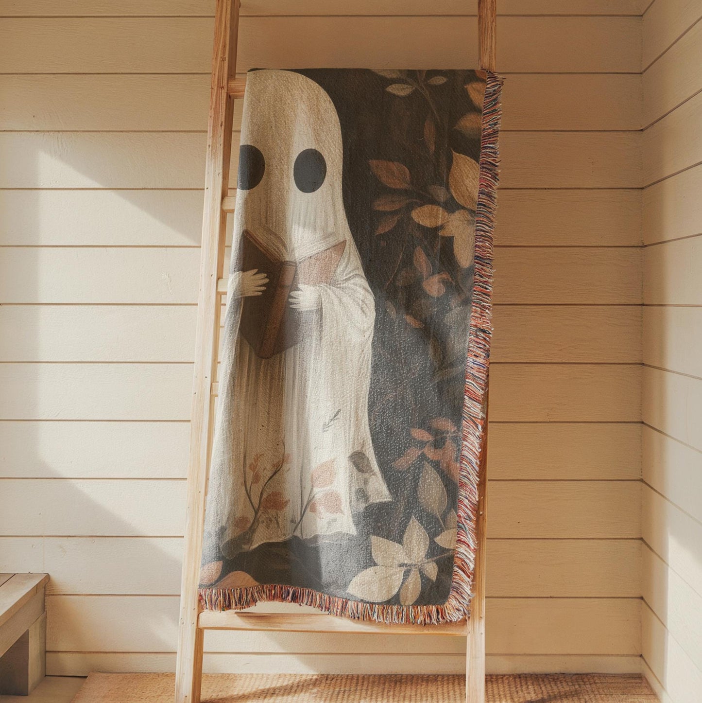 Cute Ghost Tapestry – Cozy Cotton Throw With Reading Ghost Design & Fringed Edge