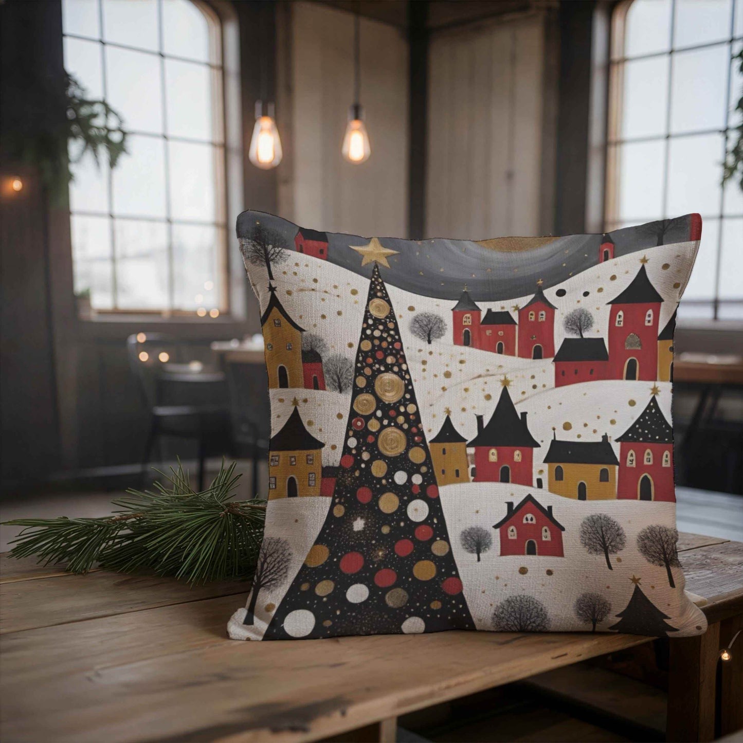 Christmas Landscape Pillow – Cozy Holiday Throw Pillow With Xmas Trees Under Moonlight - timelessbohochic.com