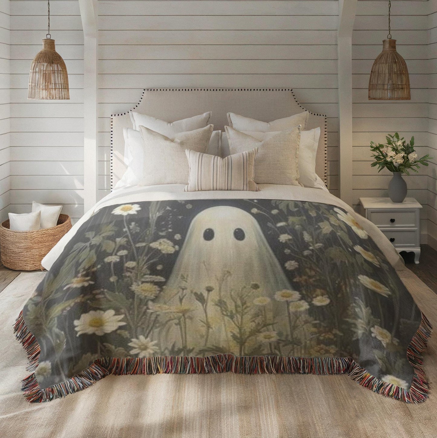 Ghost Meadow Blanket – Floral Wildflower Throw With Soft Fringed Edges