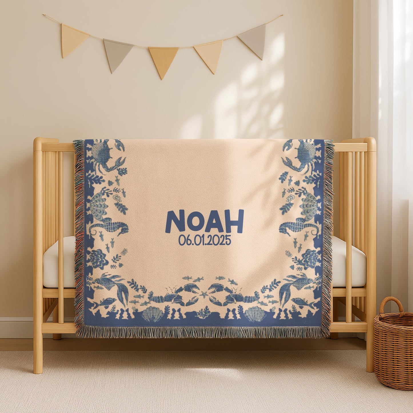 Personalized Baby Blanket - Ocean Theme Woven Throw with Name & Date, Custom Cotton