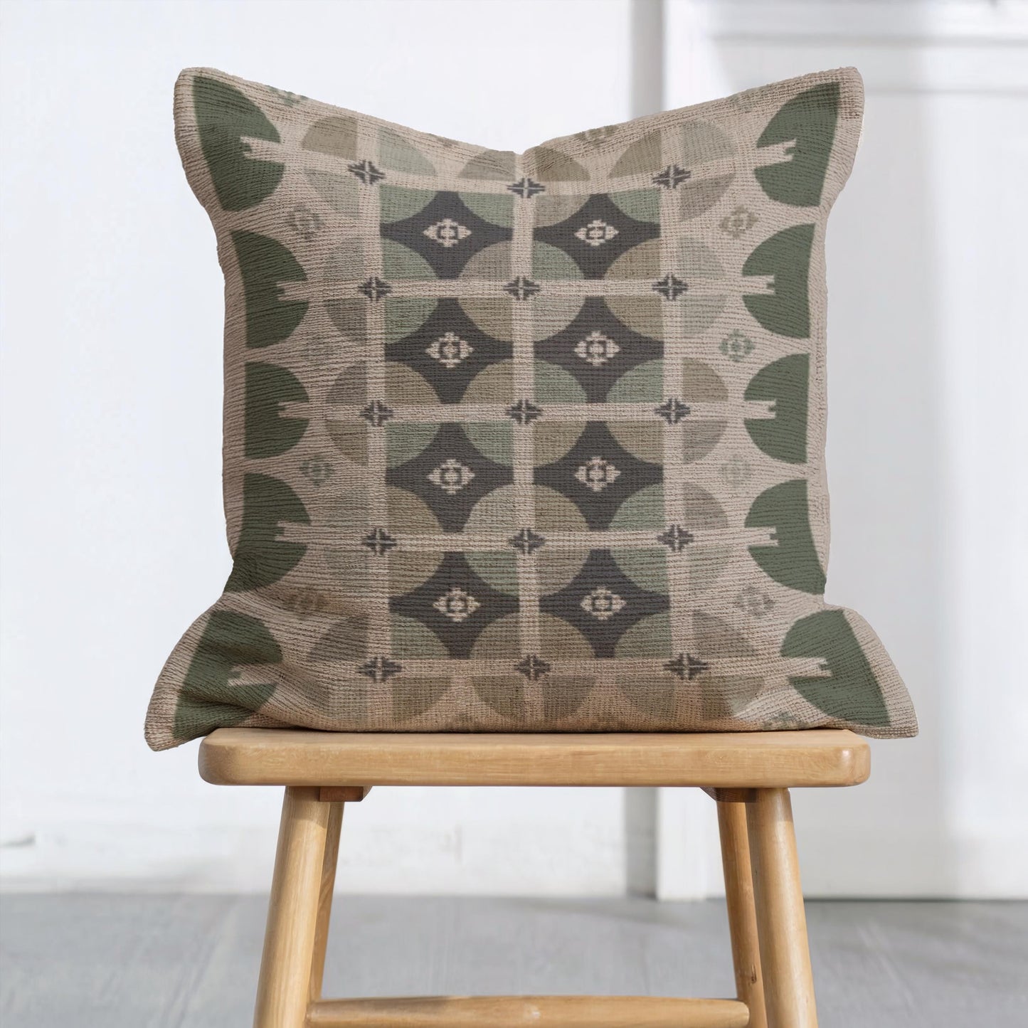Modern Woven Pillow | Square Throw Pillow With Green Beige Design - Stylish Home Decor