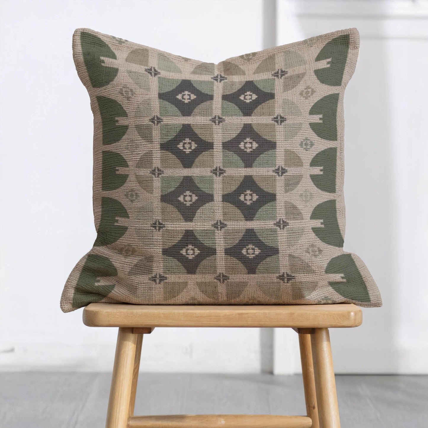 Modern Woven Pillow | Square Throw Pillow With Green Beige Design - Stylish Home Decor - timelessbohochic.com