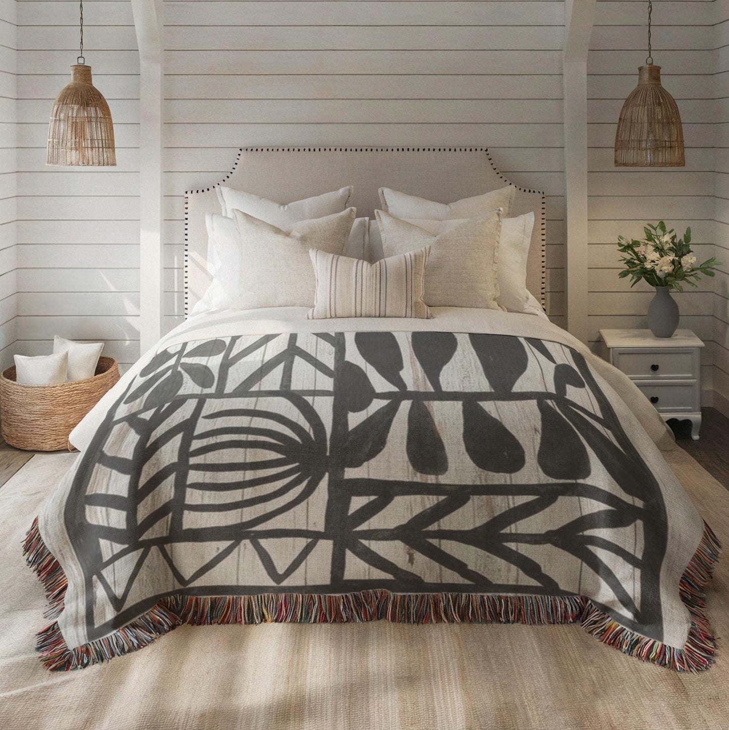 Black White Woven Blanket – Geometric Throw Blanket | Lightweight Cozy Cotton Throw