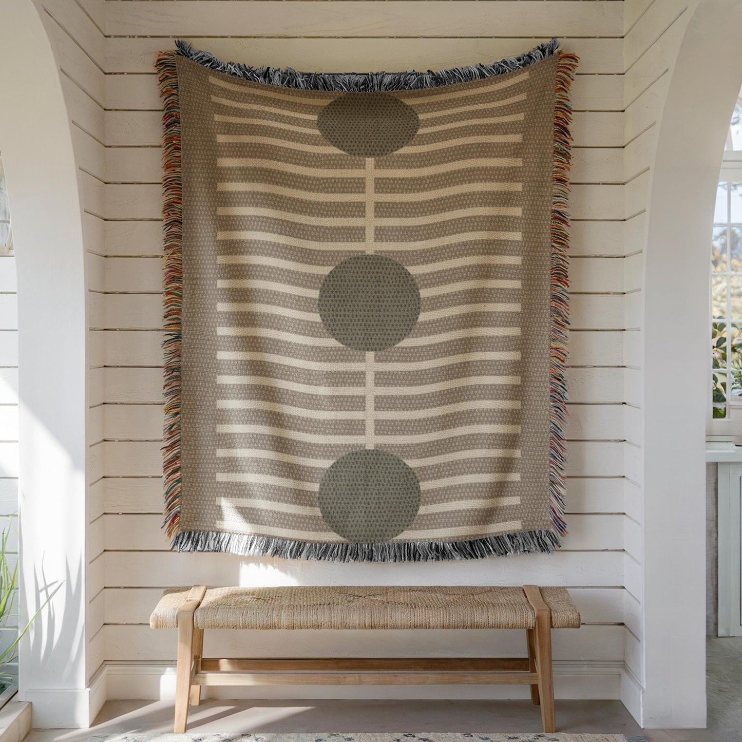 Olive Green Wall Hanging – Modern Home Decor Cotton Throw Blanket with Geometric Pattern
