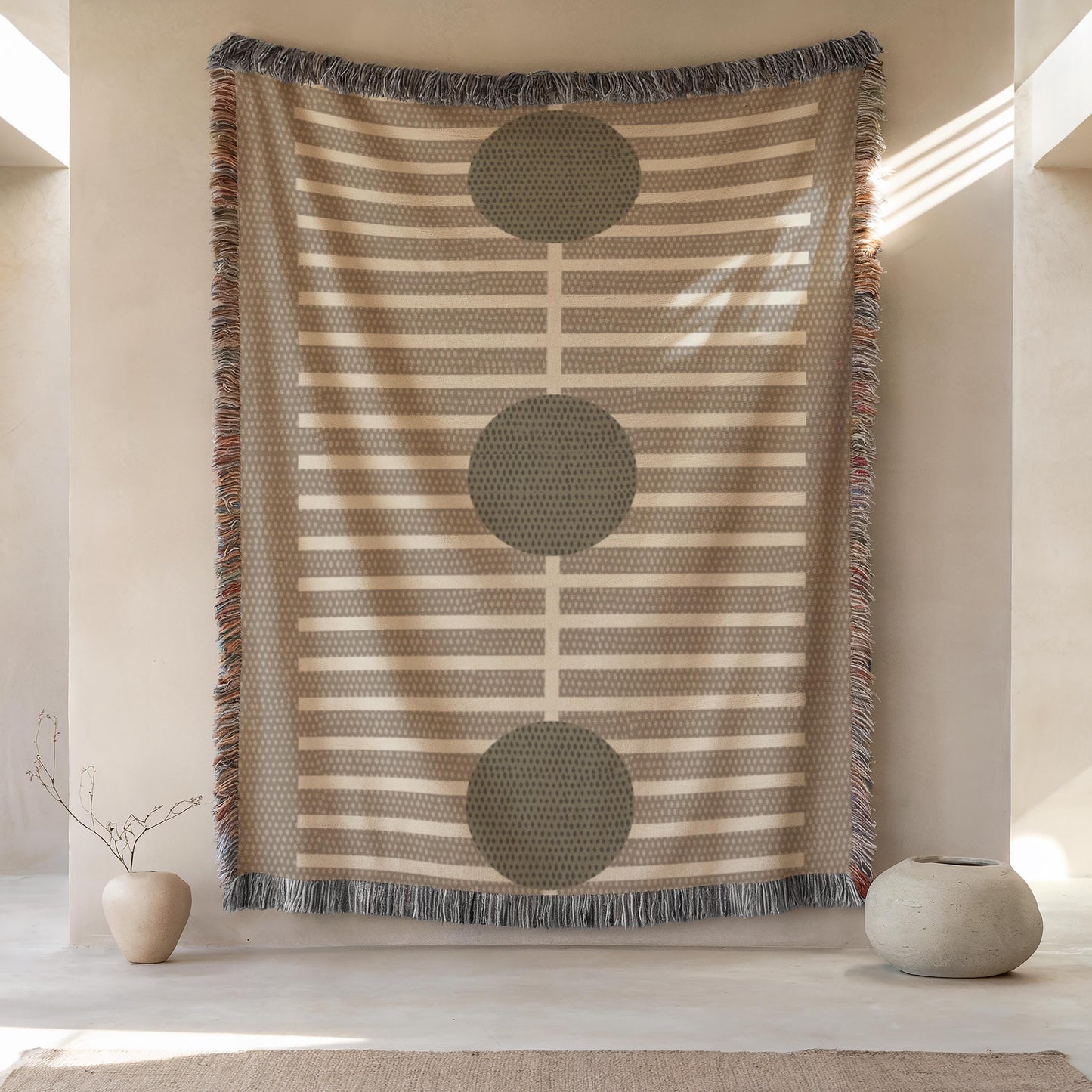 Olive Green Wall Hanging – Modern Home Decor Cotton Throw Blanket with Geometric Pattern