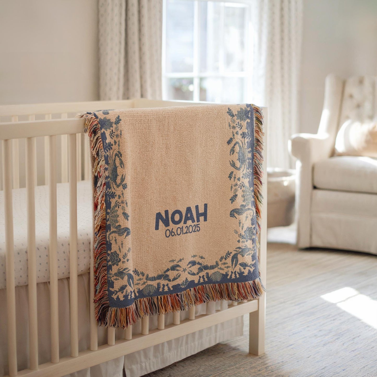 Personalized Baby Blanket - Ocean Theme Woven Throw with Name & Date, Custom Cotton