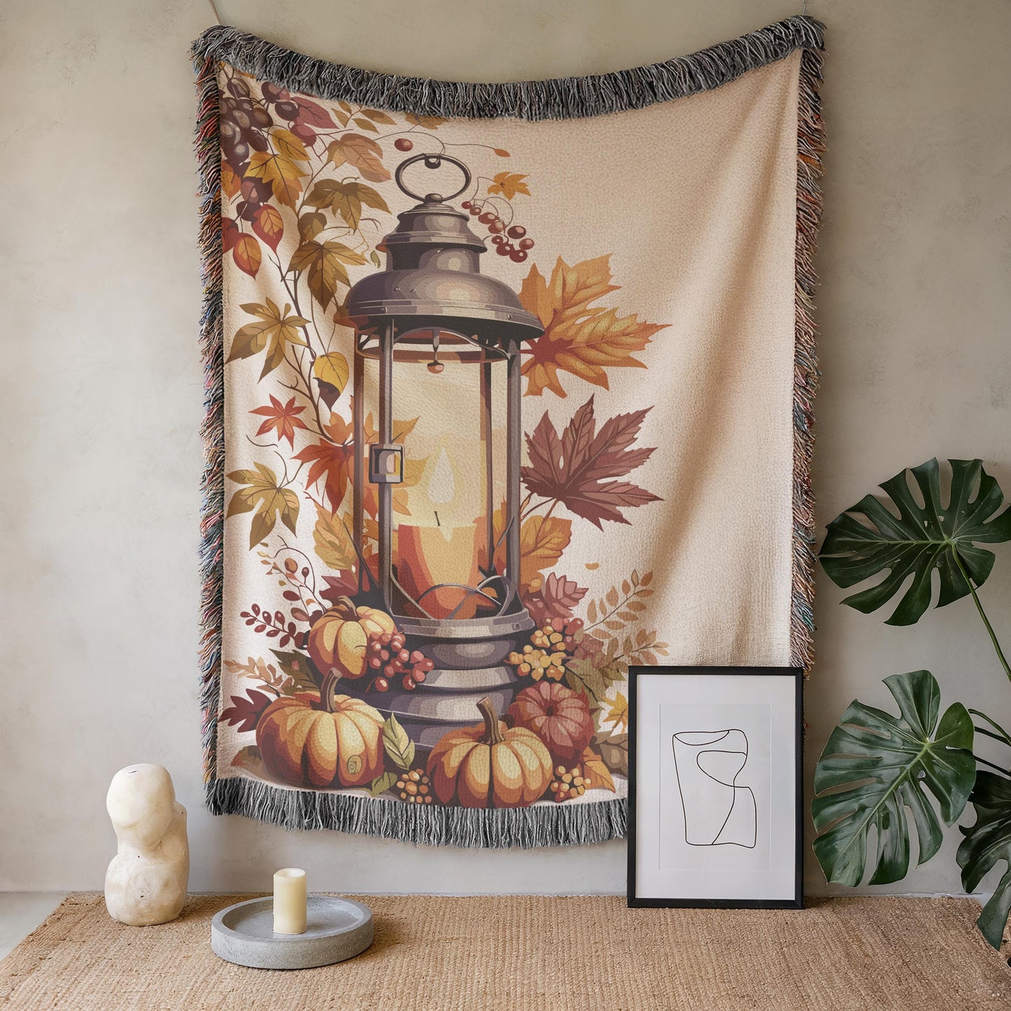 Texture Wall Art - Cozy Rustic Decoration With Pumpkin, Autumn Leaves & Colorful Fringed Edges
