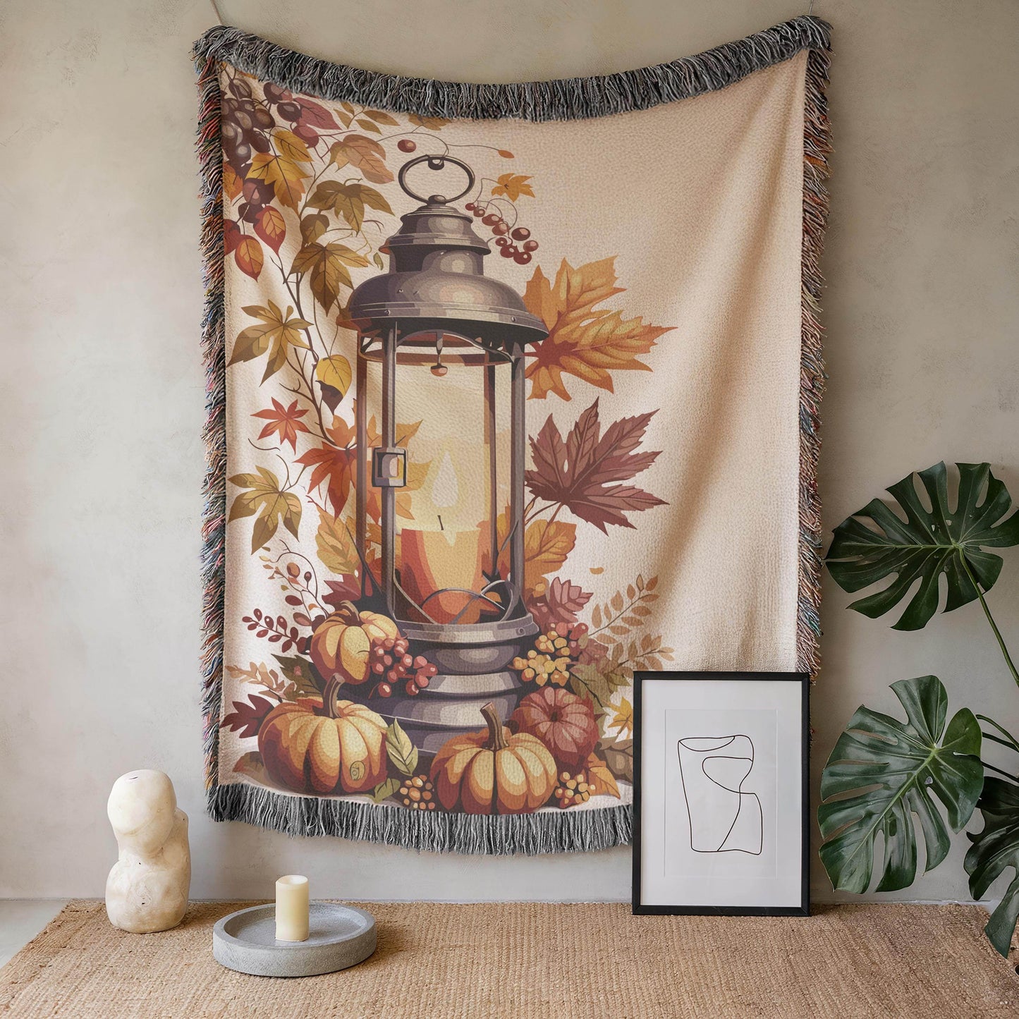 Texture Wall Art - Cozy Rustic Decoration With Pumpkin, Autumn Leaves & Colorful Fringed Edges - timelessbohochic.com