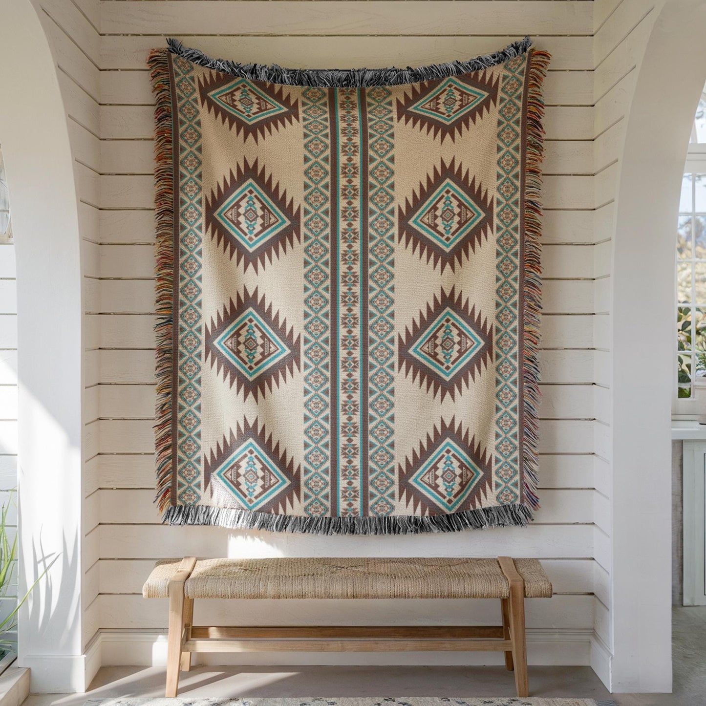 a large, colorful, patterned blanket hanging on a white wall, with a wooden bench below it.