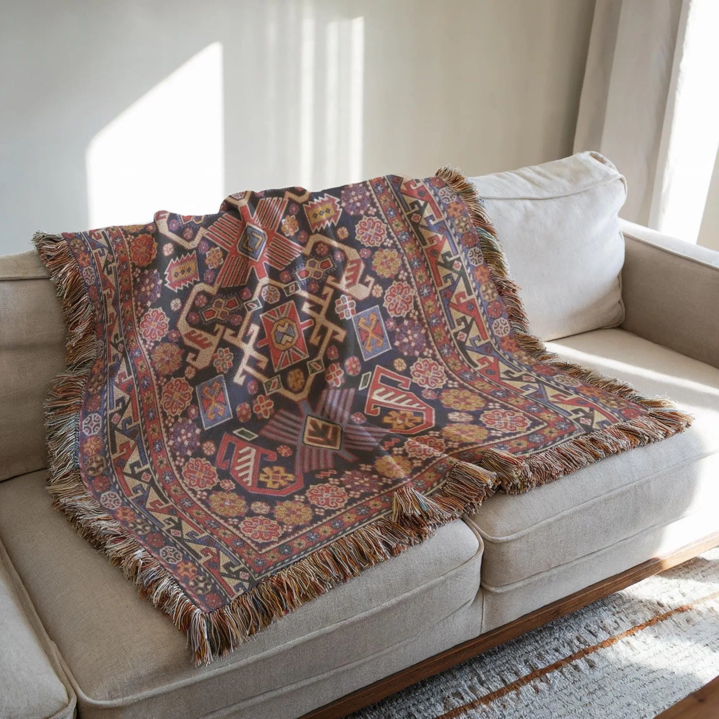 Cotton Throw Blanket – Boho Turkish Rug Patterned Woven Textile with Fringed Edges