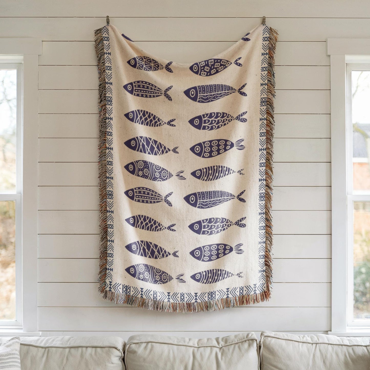 Sardine Blanket - Ethnic Fish Tapestry Woven Cotton Blanket for Coastal Home Decor