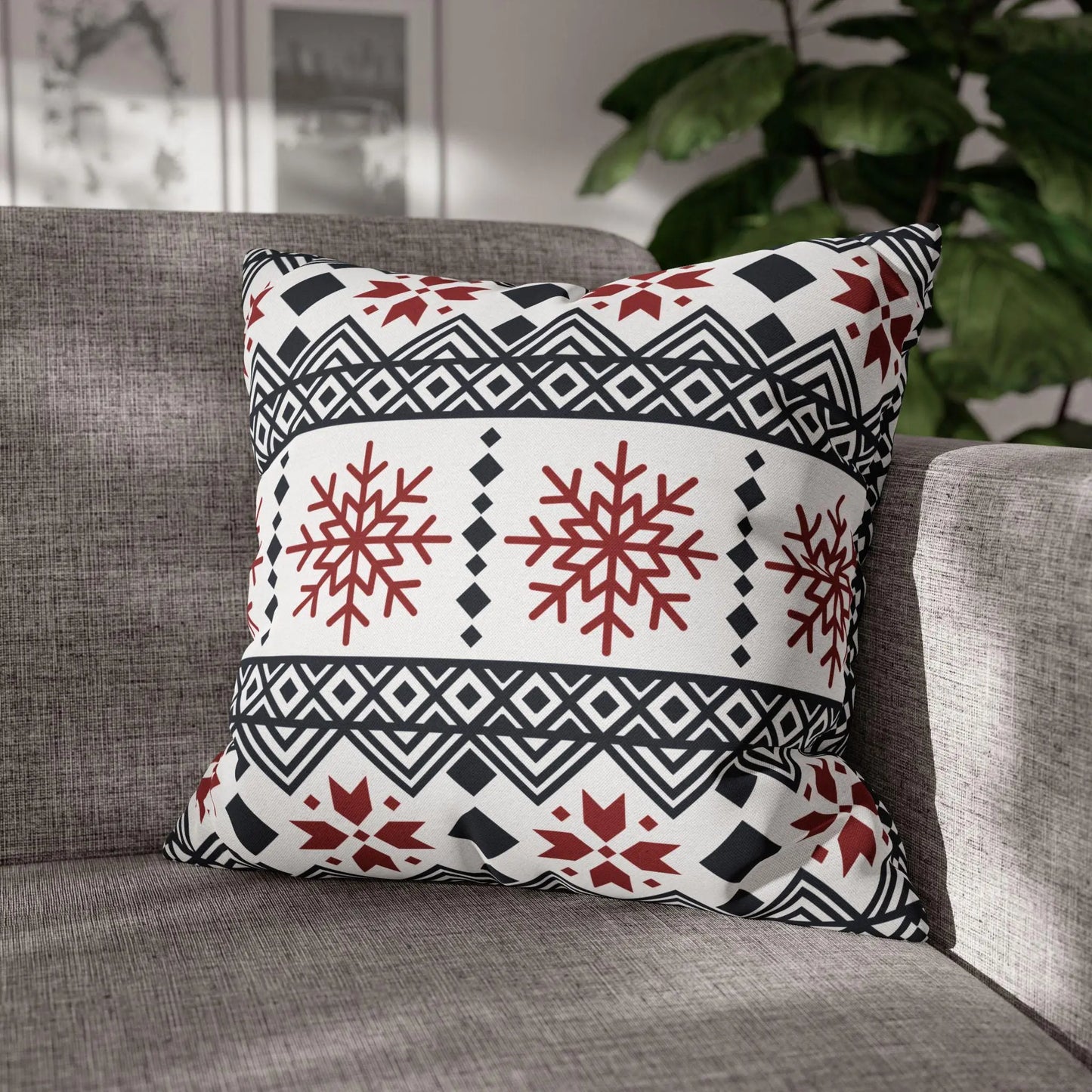 Scandi Pillow Cover – Black Red Snowflake Nordic Cushion | Winter Home Decor