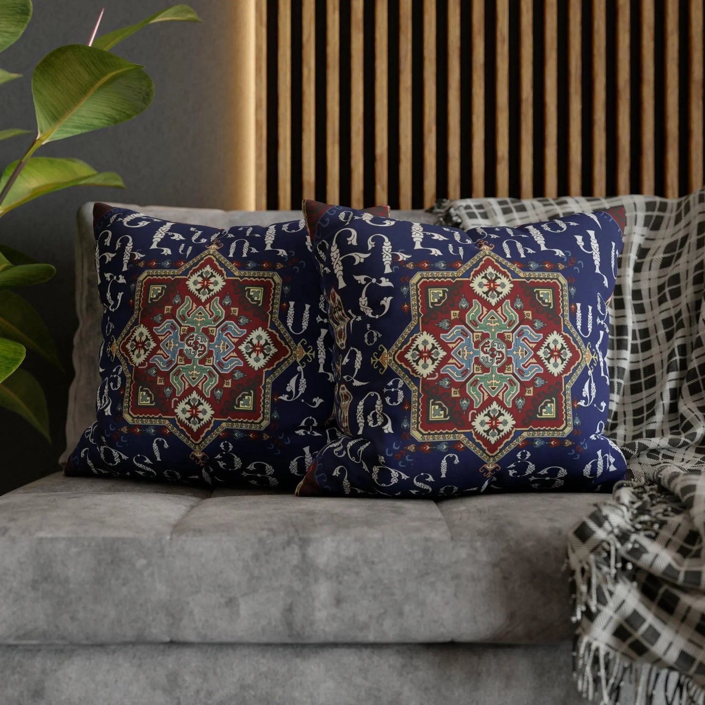 Boho Pillow Cover - Blue White Armenian Alphabet Square Decorative Throw Cushion