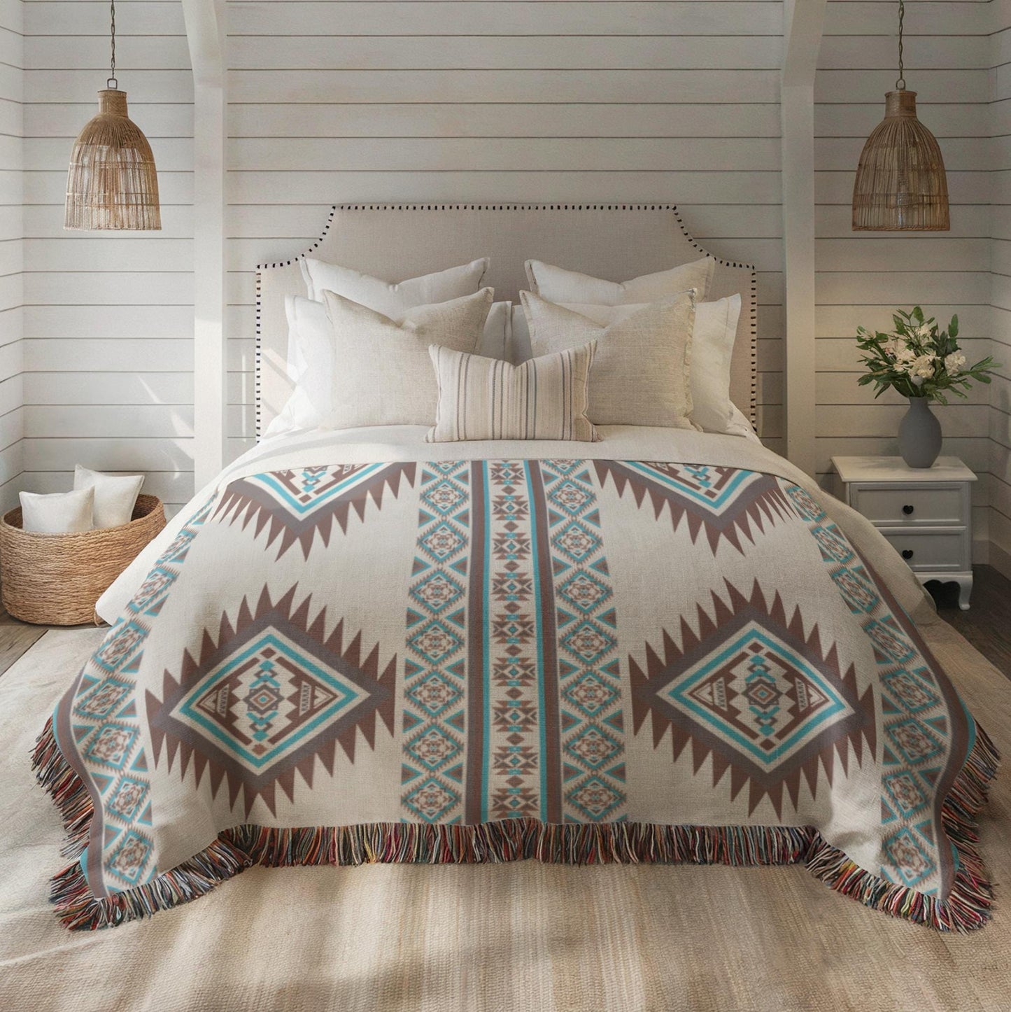 a cozy bedroom with a large bed adorned with a patterned comforter and throw pillows. The bed is set against a white wall, and the room features a rustic charm with a woven basket and a vase of flowers on a side table.