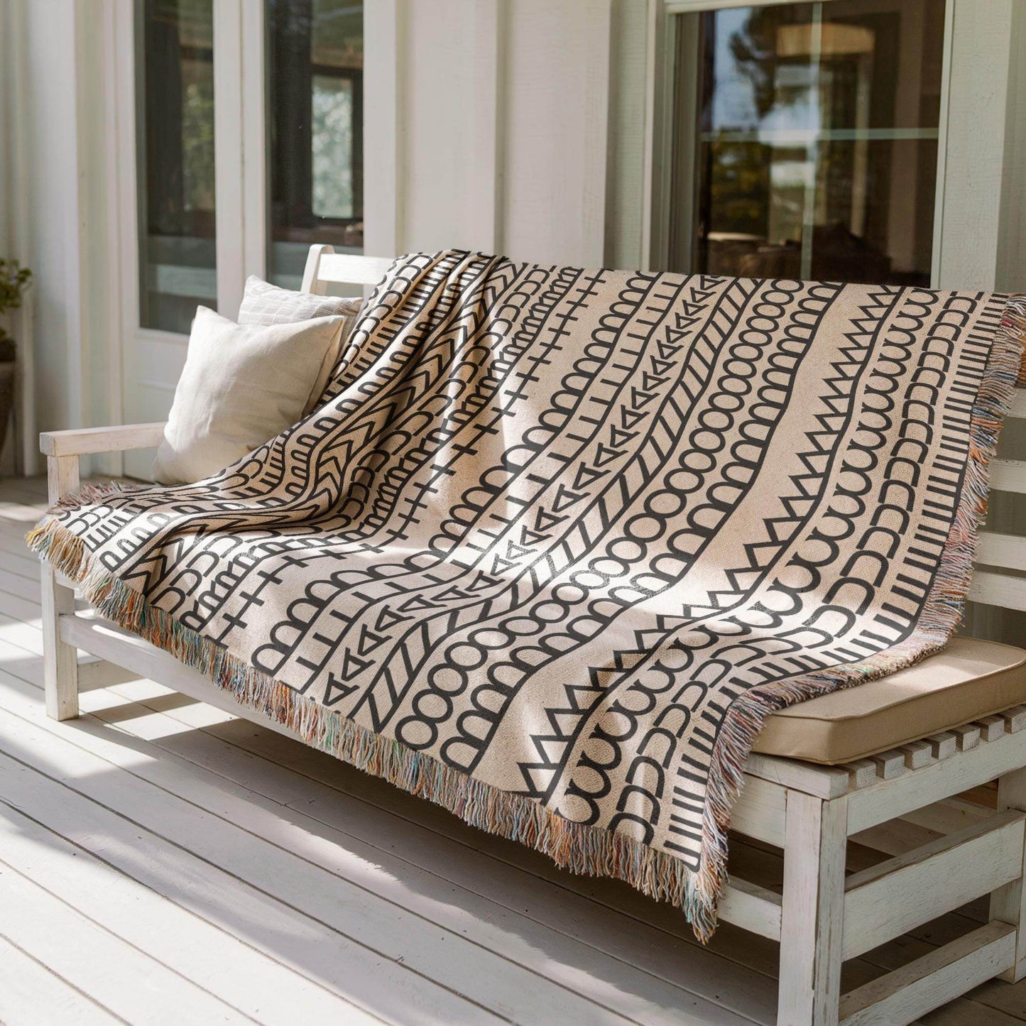 Woven Statement Blanket – Modern Throw Cotton Artisan Decorative Throw with Colorful Fringed Edges - timelessbohochic.com