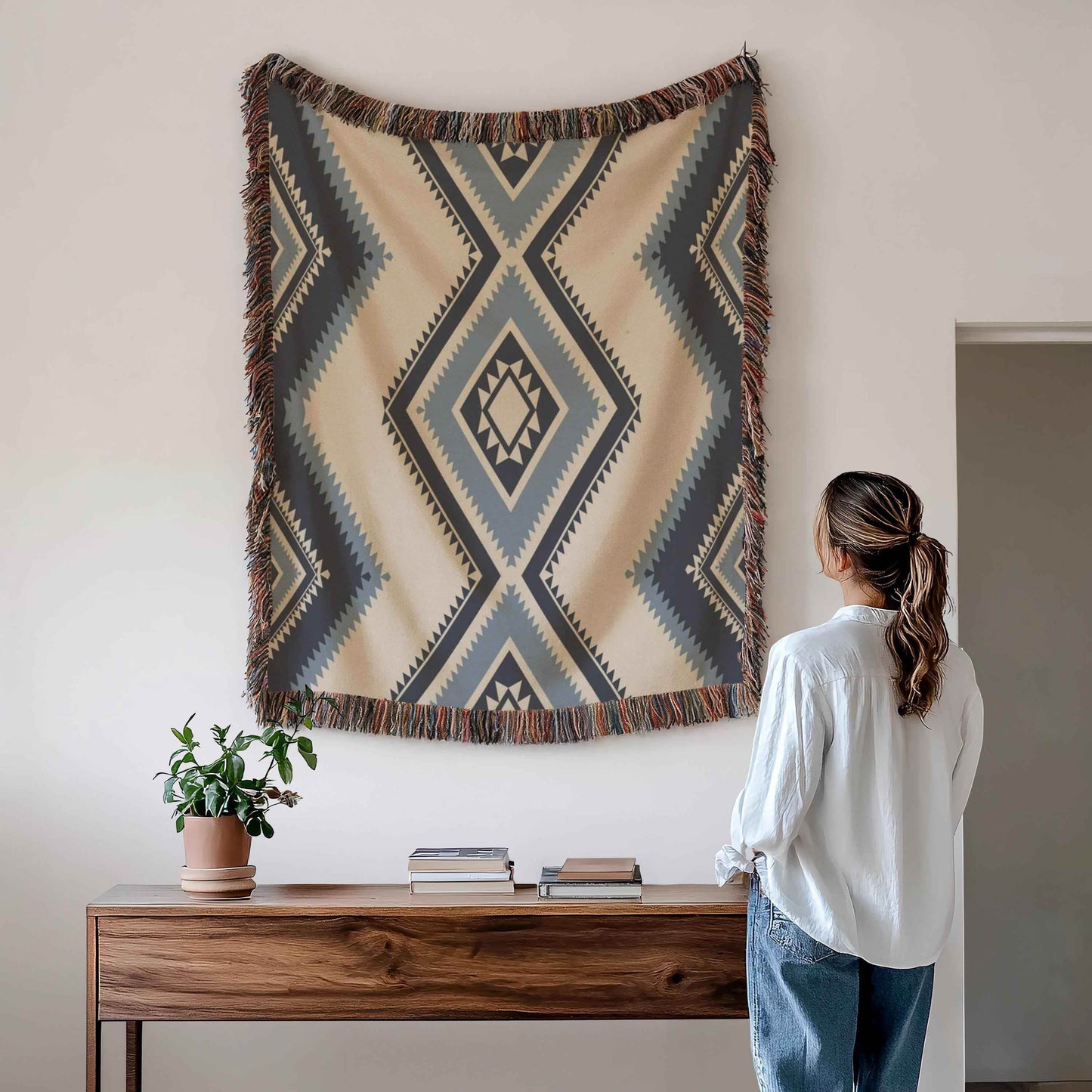 Tribal Woven Tapestry – Southwestern Wall Hanging With Colorful Fringed Edges - timelessbohochic.com