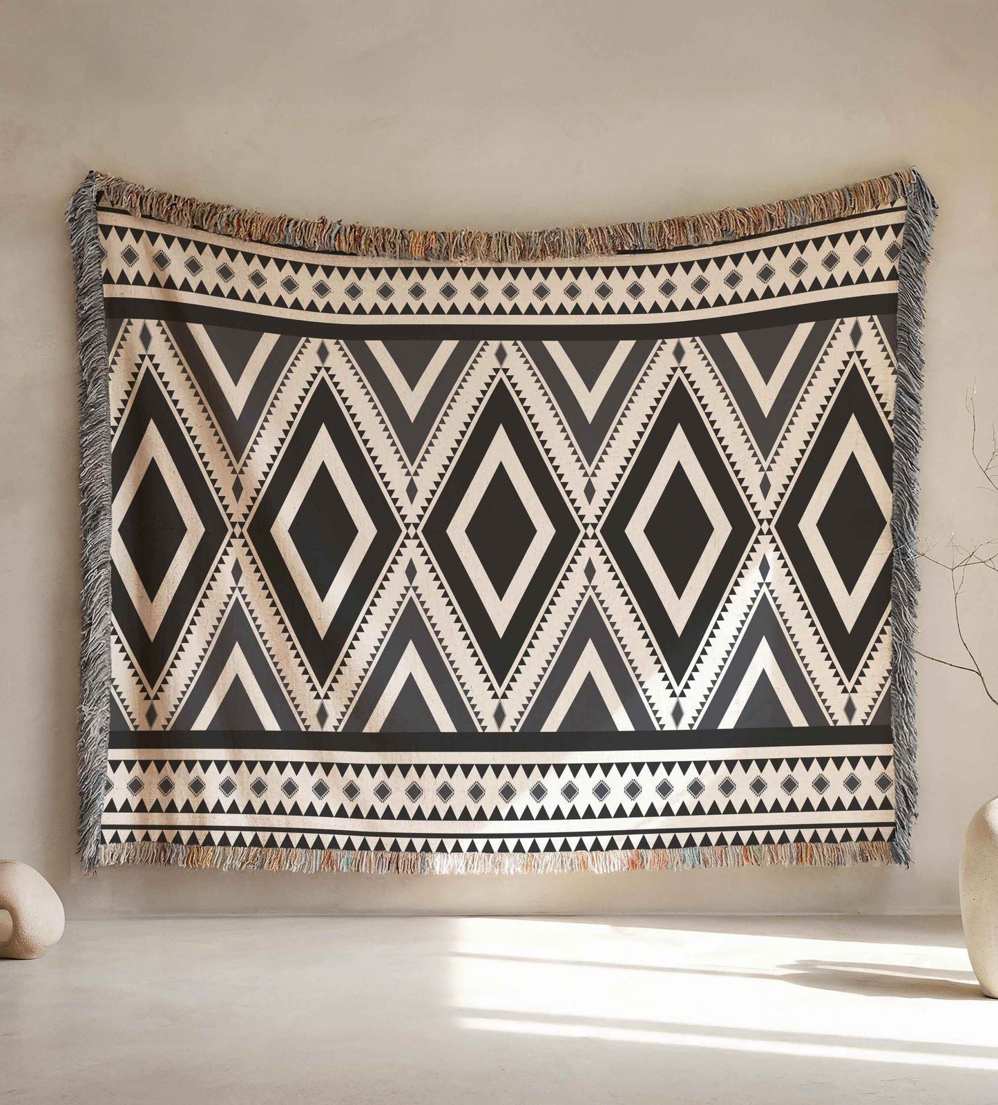 Native American Wall Hanging – Boho Wall Decor With Southwestern Tapestry & Fringed Edge - timelessbohochic.com