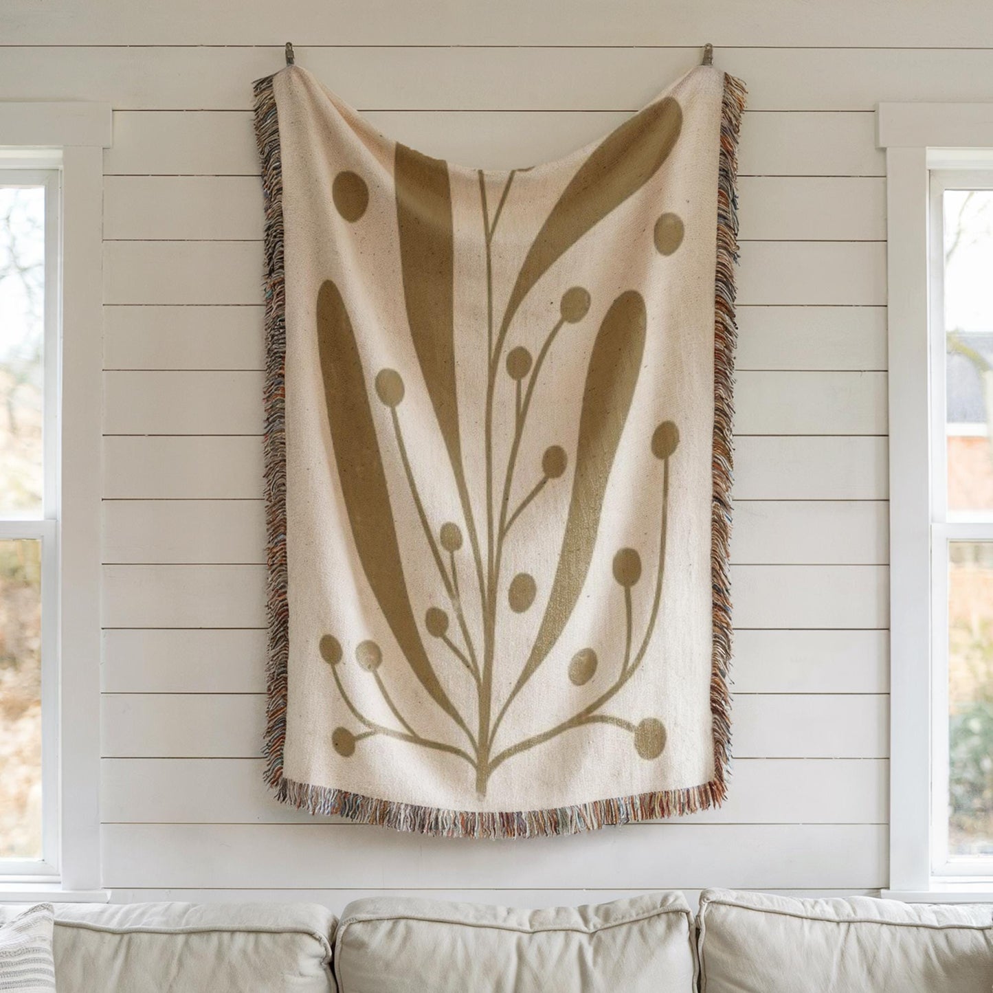 Mid Century Modern Tapestry - Woven Wall Art With Linden Leaf Design | Boho Home Decor