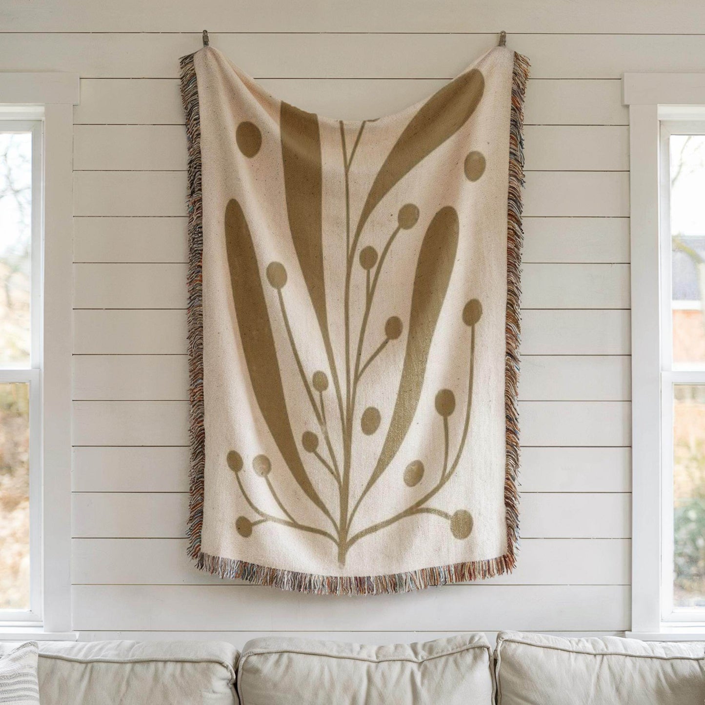 Mid Century Modern Tapestry - Woven Wall Art With Linden Leaf Design | Boho Home Decor - timelessbohochic.com