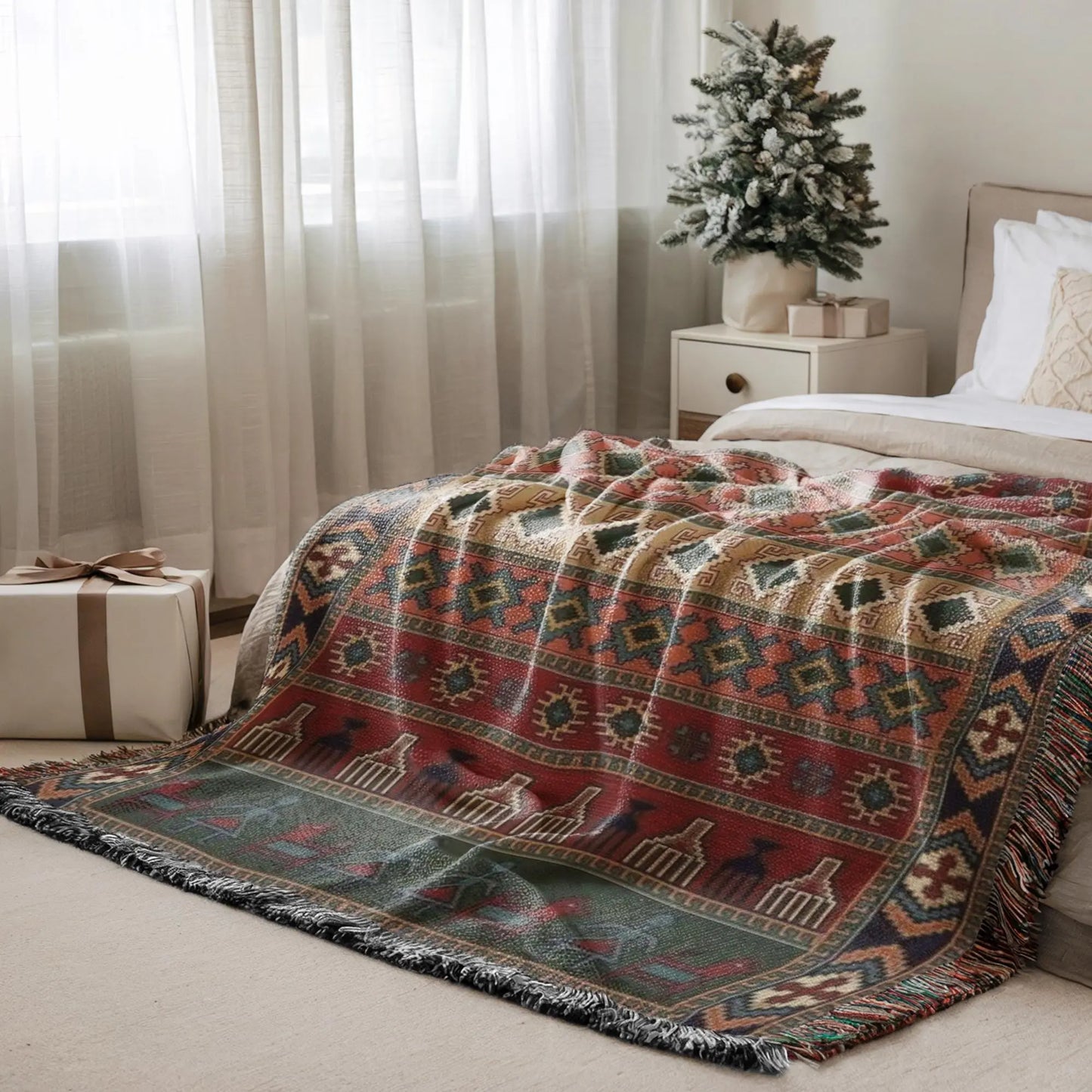 Woven Blanket - Kilim Inspired Blanket With Colorful Fringed Edges | Boho Throw