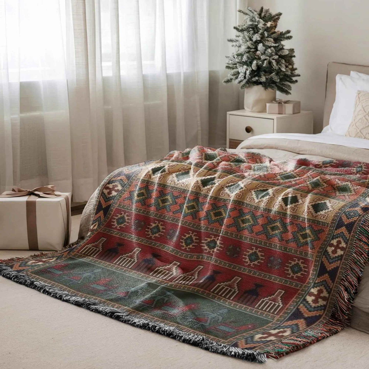 Woven Kilim Blanket - Colorful Fringed Edges Boho Throw - timelessbohochic.com