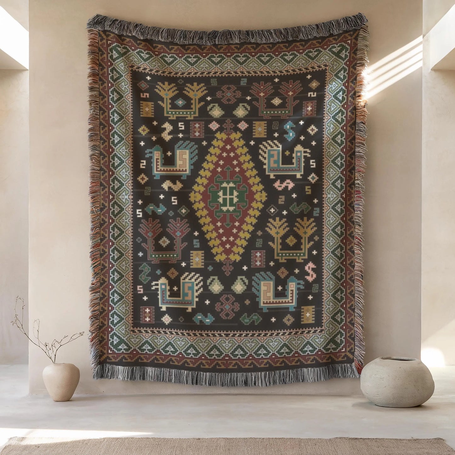 Caucasian Rug Wall Hanging – Ethnic Boho Wall Art | Soft Cotton Blanket Throw
