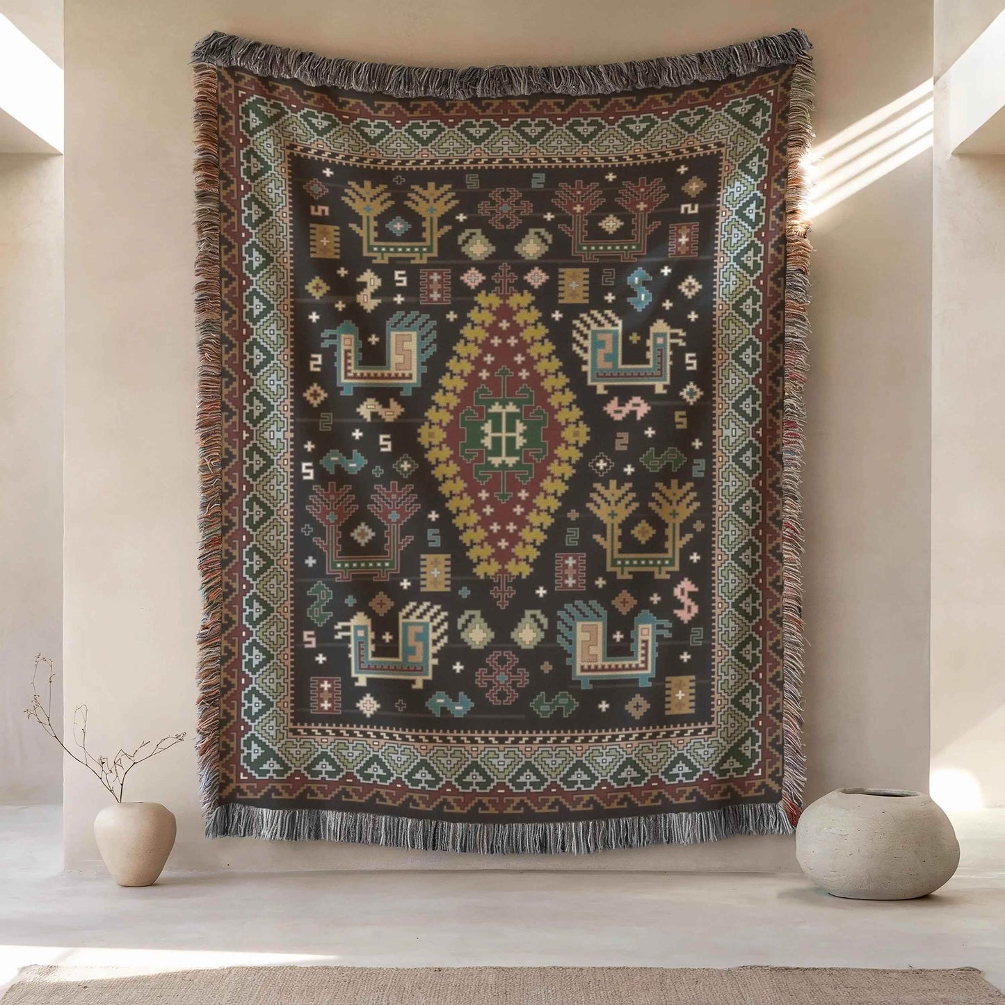 Caucasian Rug Wall Hanging – Ethnic Boho Wall Art | Soft Cotton Blanket Throw - timelessbohochic.com
