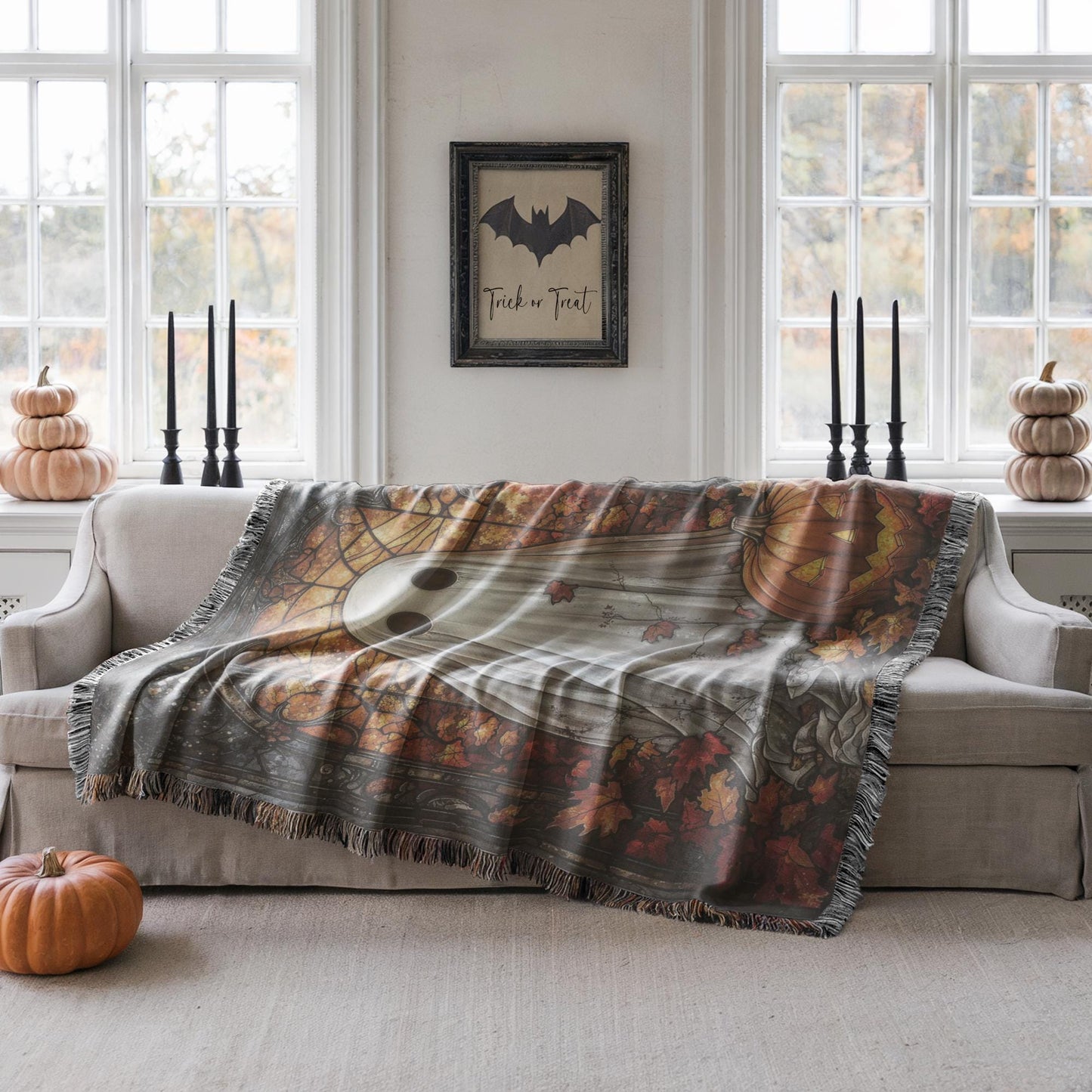 Halloween Decor Blanket - Festive Fall Cotton Throw With Ghost Pumpkin & Stained Glass Motif