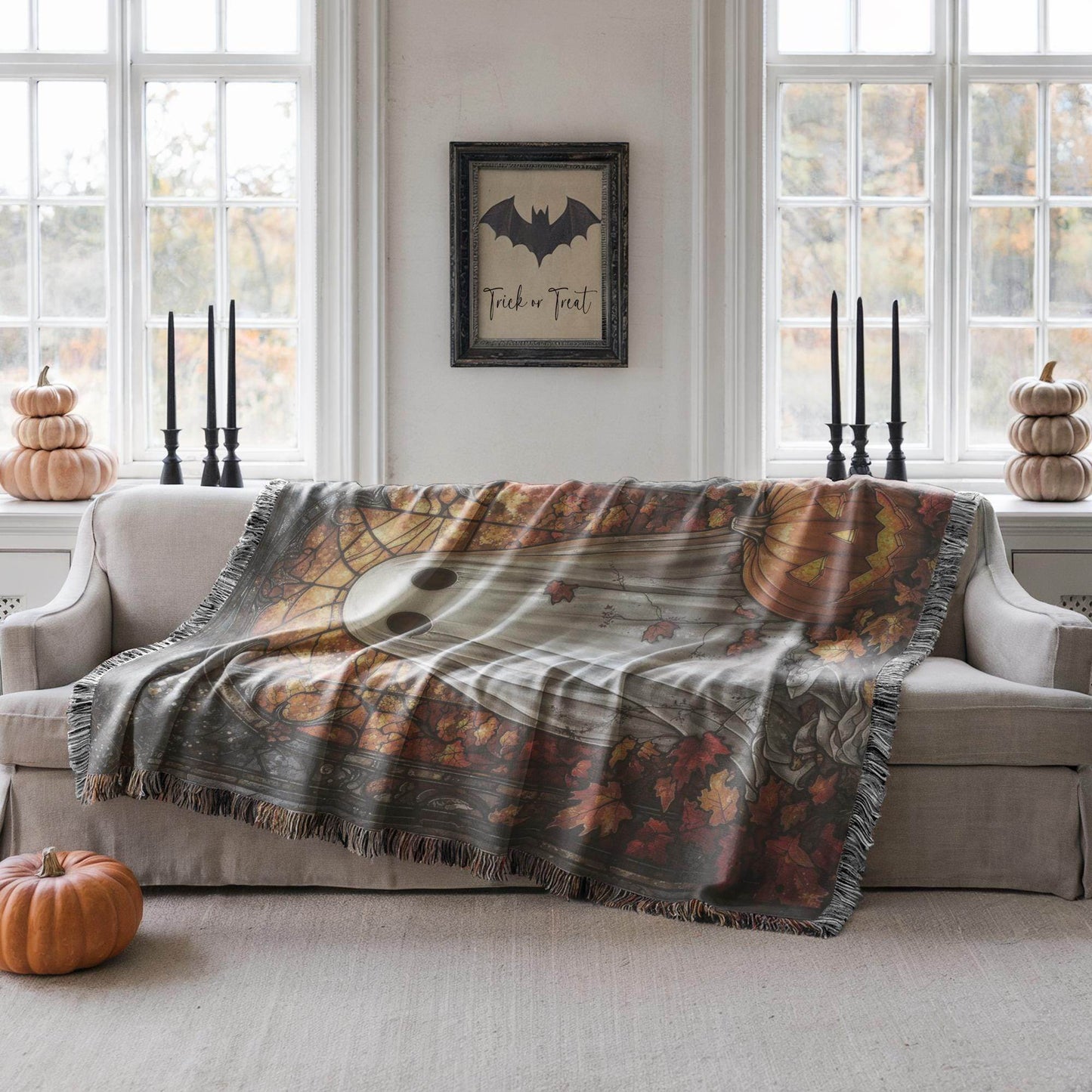 Halloween Decor Blanket - Festive Fall Cotton Throw With Ghost Pumpkin & Stained Glass Motif - timelessbohochic.com