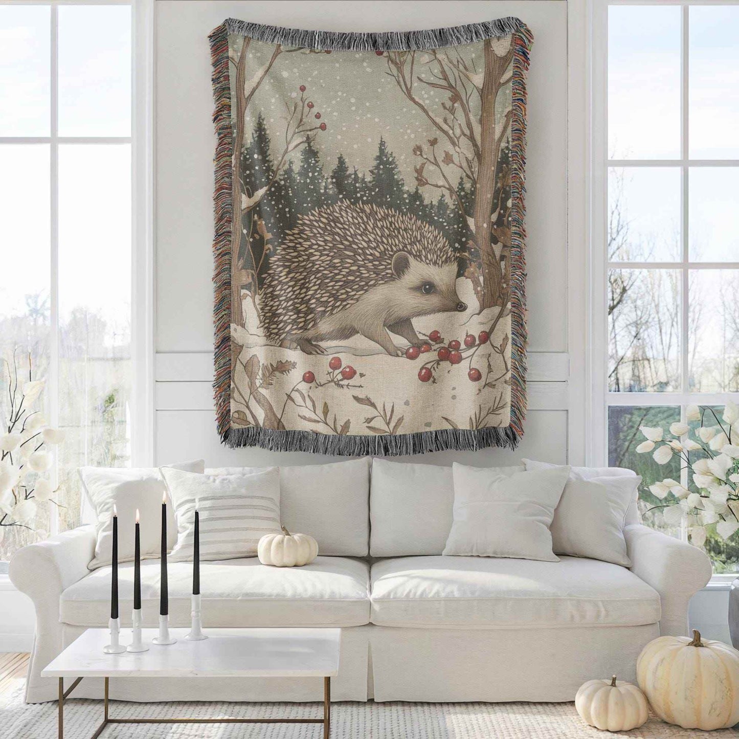 Woodland Creature Blanket - Cozy Cotton Woven Throw With Hedgehog Design - timelessbohochic.com