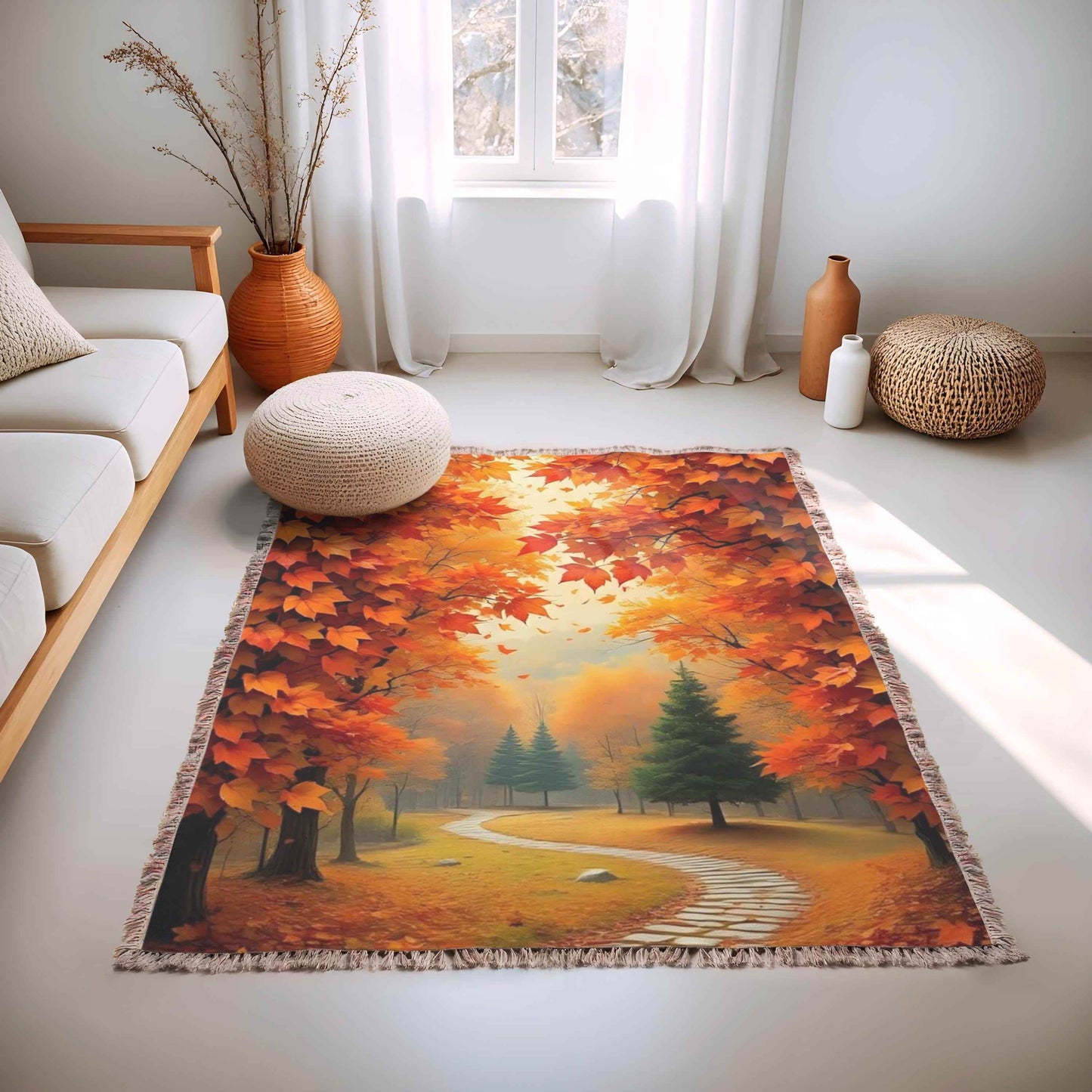 Cotton Throw Blanket – Cozy Fall Blanket with Autumn Leaves Pattern & Fringed Edges - timelessbohochic.com