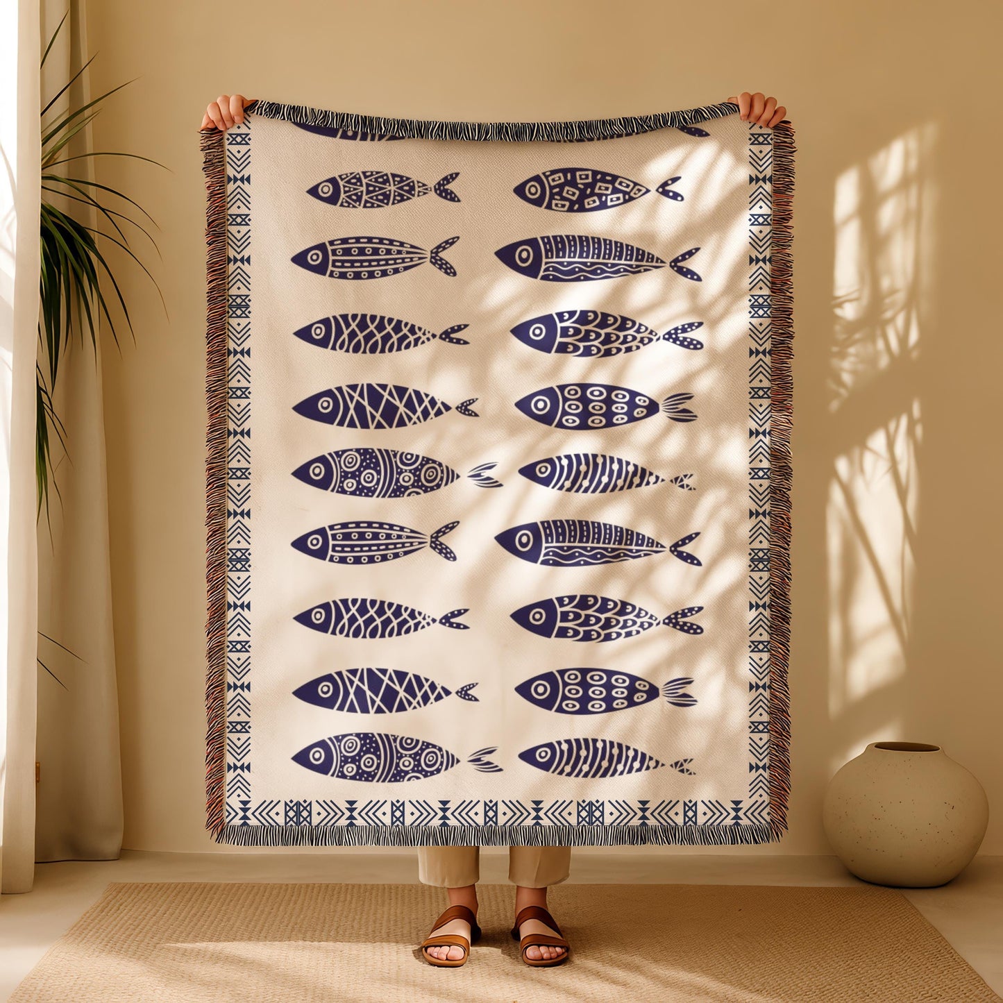Sardine Blanket - Ethnic Fish Tapestry Woven Cotton Blanket for Coastal Home Decor