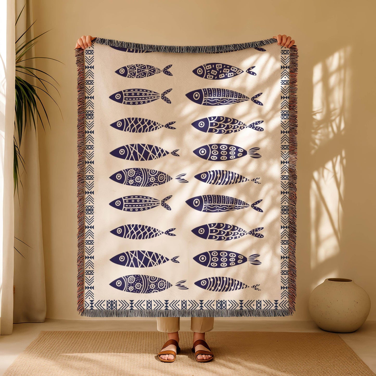 Sardine Blanket - Ethnic Fish Tapestry Woven Cotton Blanket for Coastal Home Decor - timelessbohochic.com