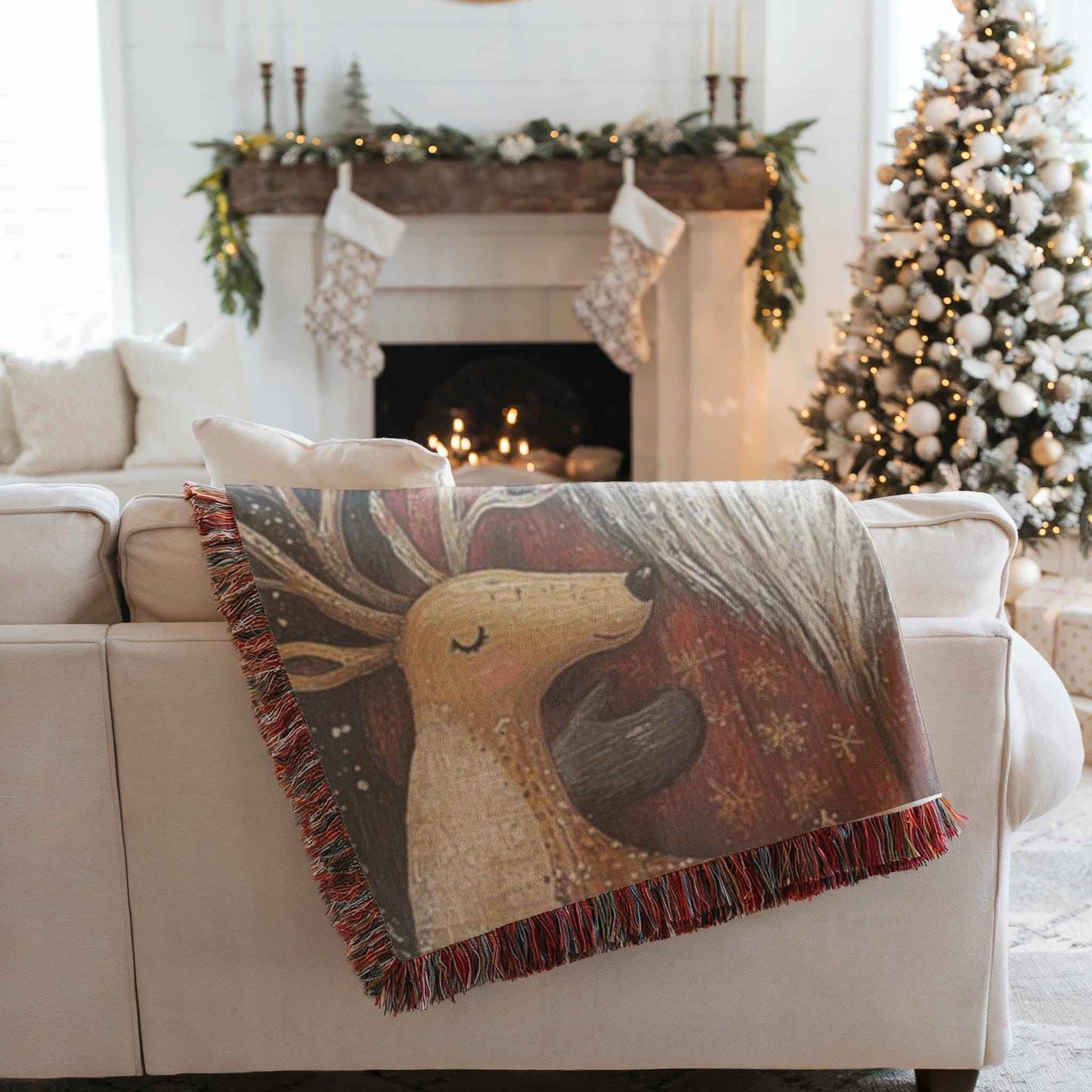Christmas Woven Blanket – Cozy Cotton Throw with Santa Claus Reindeer Design - timelessbohochic.com