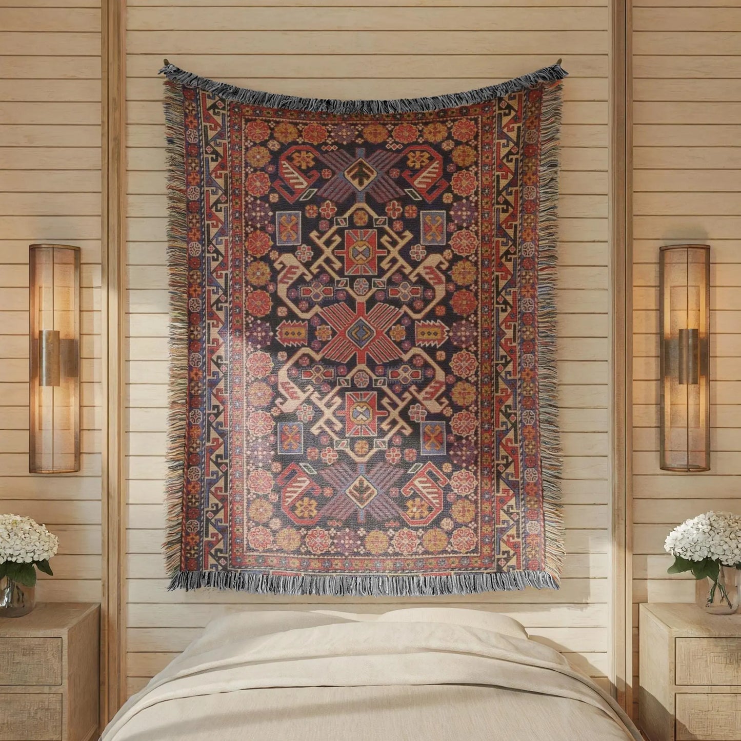 Woven Wall Hanging - Turkish Rug Tapestry With Colorful Fringed Cotton Textile