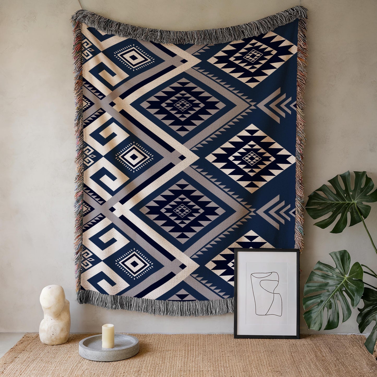 Aztec Throw Blanket – Cotton Tribal Office Chair Throw With Fringed Edges