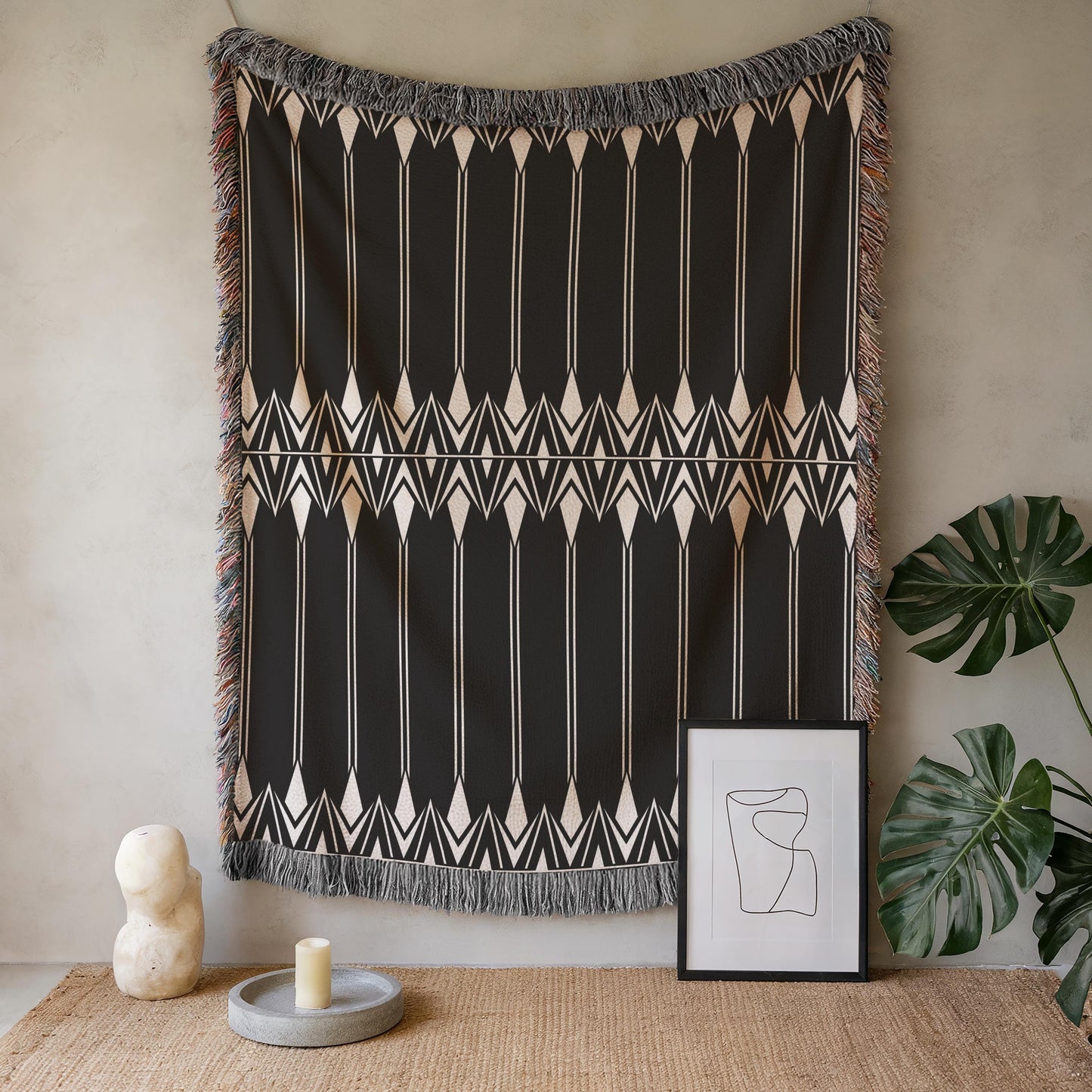 Black White Tapestry – Modern Wall Art Boho Hanging with Geometric Cotton Coverlet