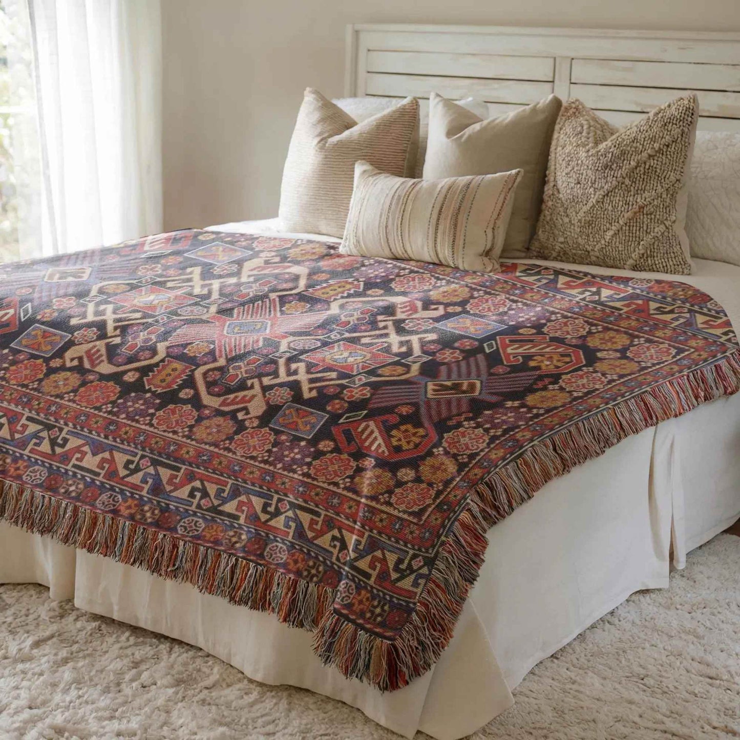 Cotton Throw Blanket – Boho Turkish Rug Patterned Woven Textile with Fringed Edges - timelessbohochic.com