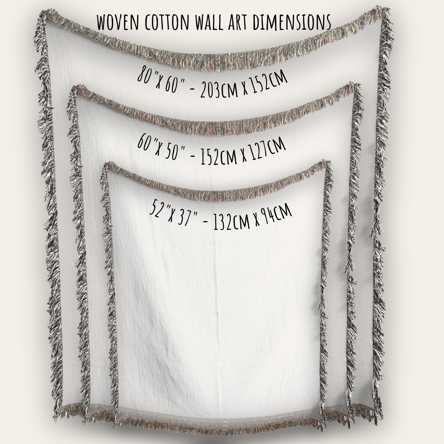 a series of woven cotton wall art pieces, each with a different size and dimensions. The text provides the dimensions of each piece in centimeters, ranging from 80 to 150 centimeters.