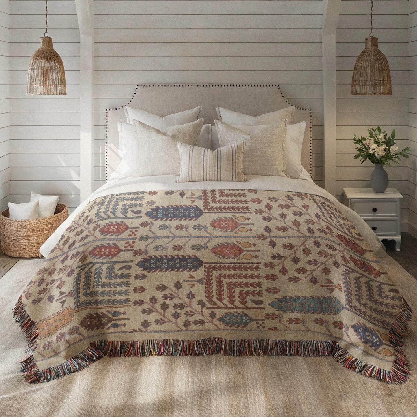 Persian Rug Pillow Blanket - Cotton Throw Blanket & Decorative Cushion Cover | Boho Living Room Decor - timelessbohochic.com