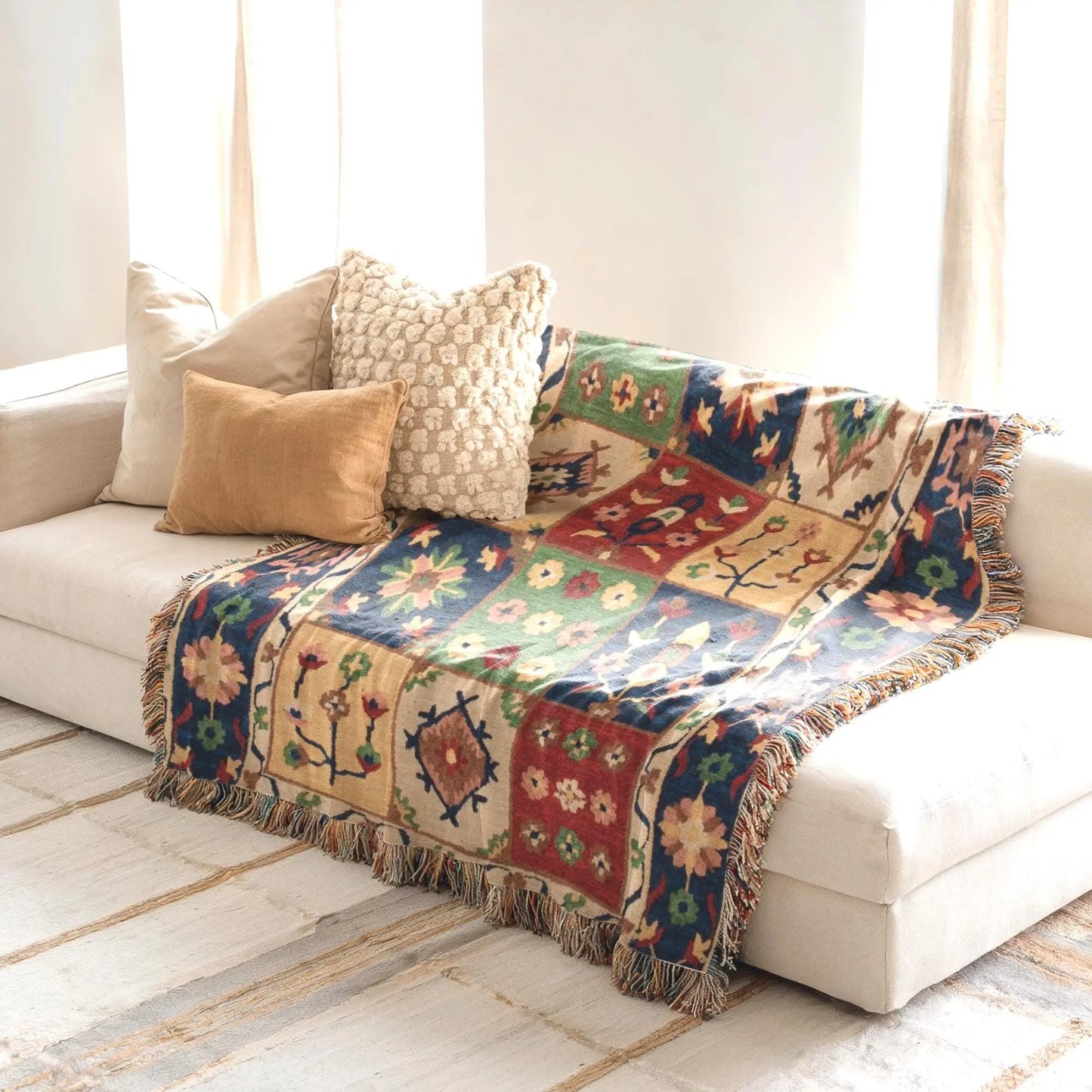 Boho Cotton Throw Blanket - Checkered Floral Sofa Throw, Colorful Fringed Accent