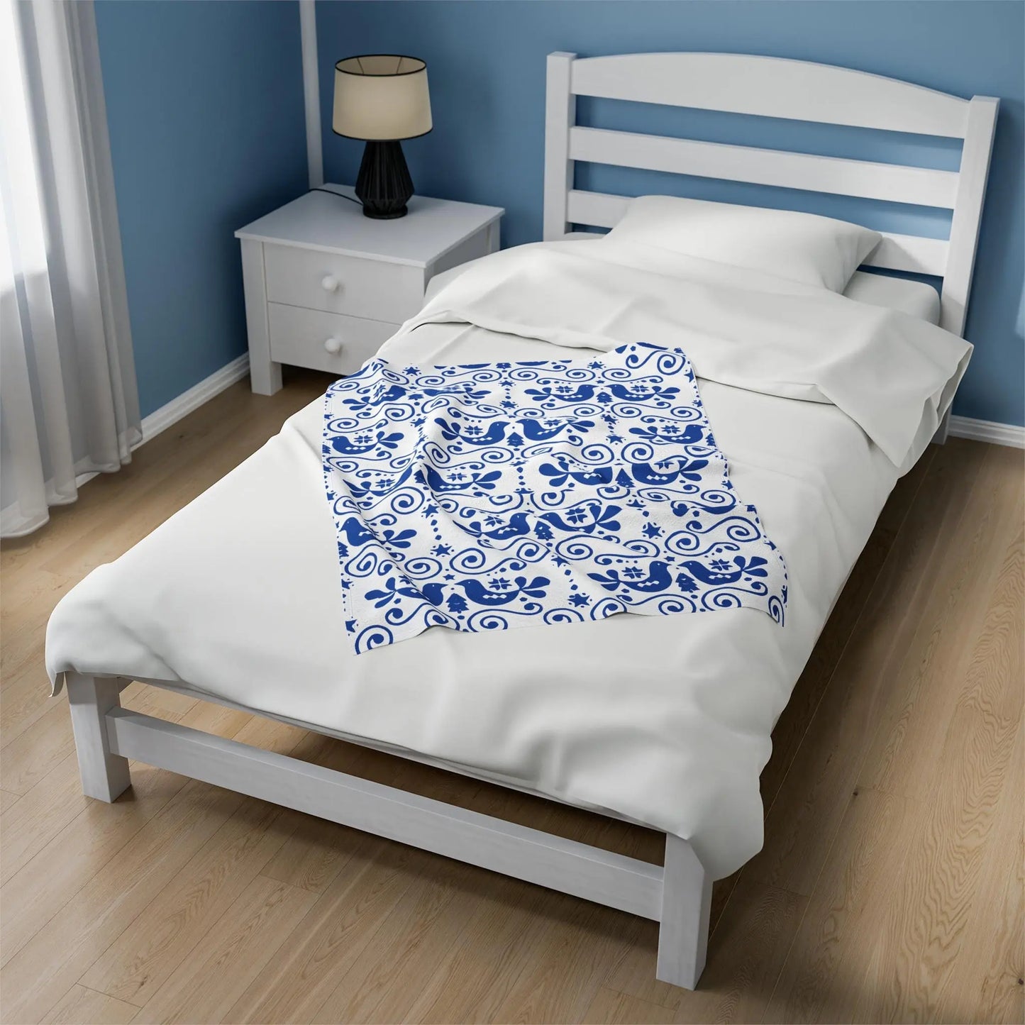 Velveteen Plush Blanket – Scandinavian Blue Bird Throw | Cozy Nordic Decor Gift