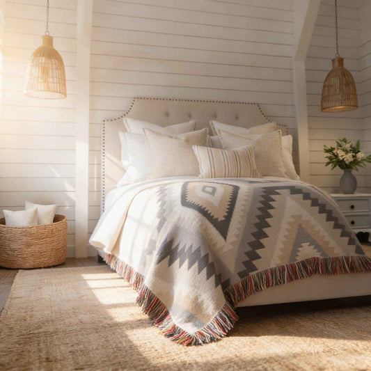 Southwestern woven blanket with geometric pattern styled for layered home decor