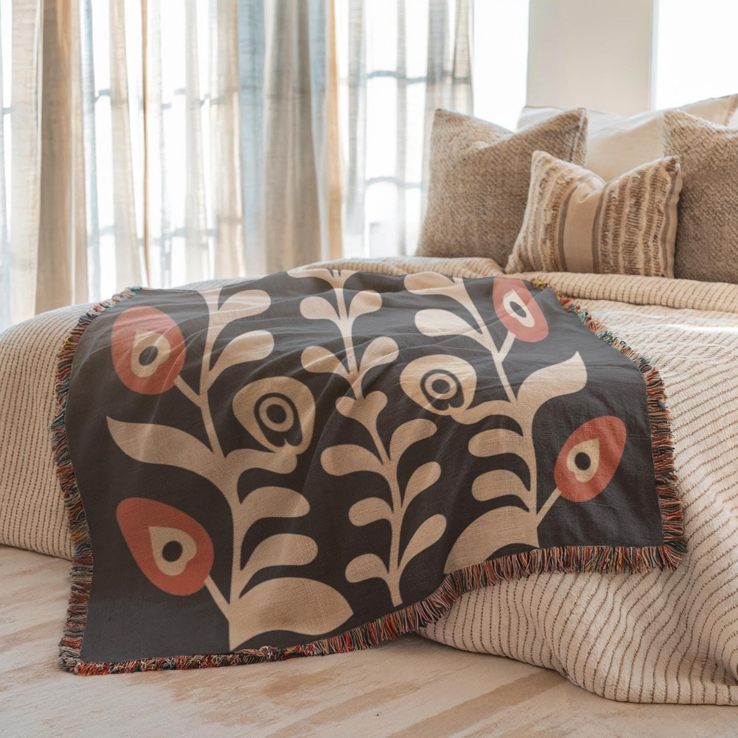 Boho Chic Blanket - Artistic Floral Cotton Woven Throw, Cozy Bedroom Accent & Housewarming Gift