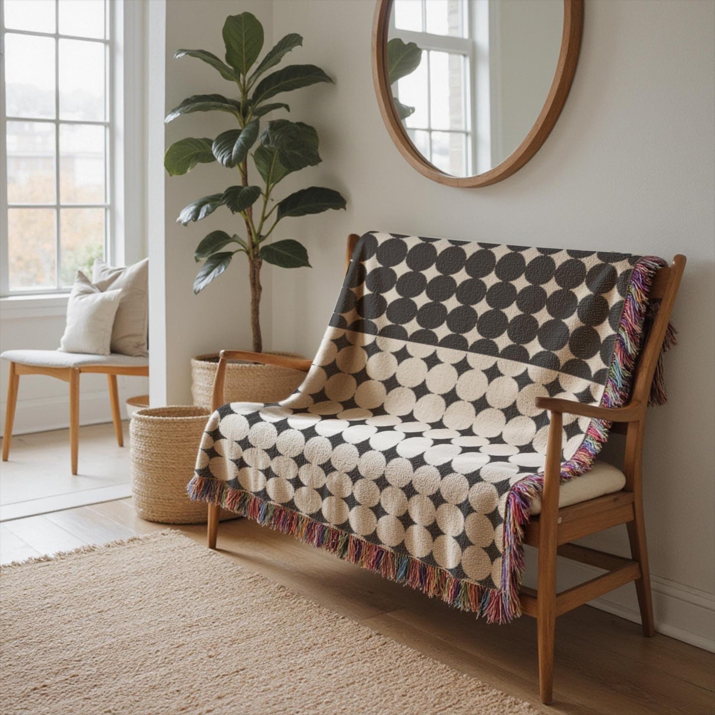 Geometric Cotton Blanket – Modern Black White Circle Throw | Cozy Woven Fabric